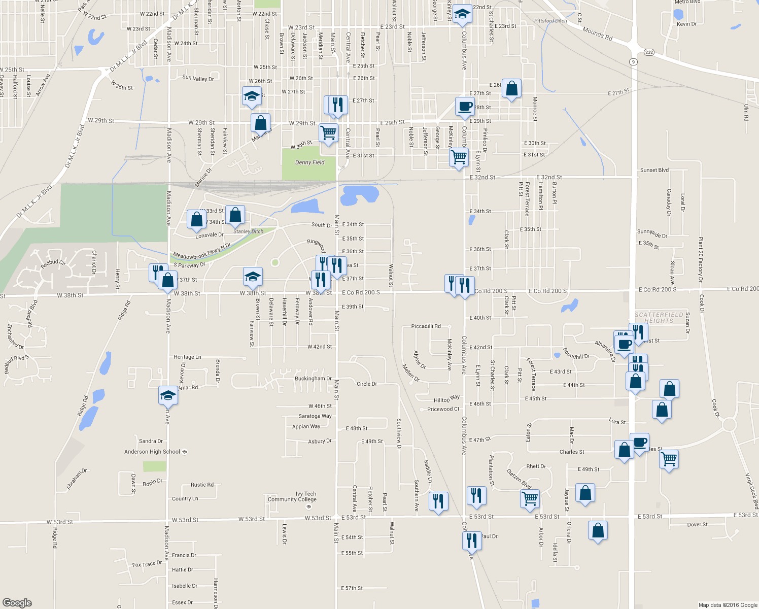 map of restaurants, bars, coffee shops, grocery stores, and more near 402 E 39th St in Anderson