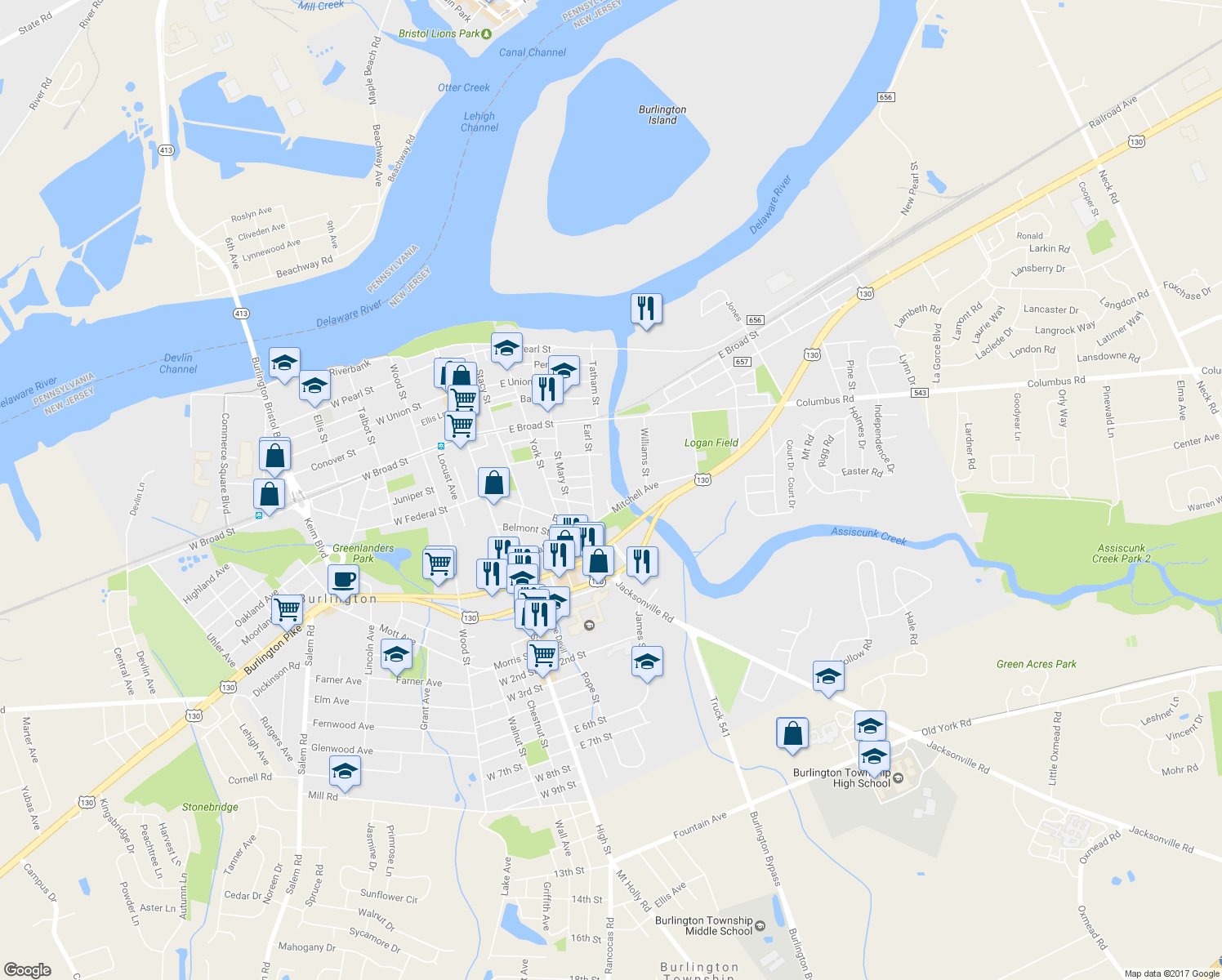 map of restaurants, bars, coffee shops, grocery stores, and more near 417 Mitchell Avenue in Burlington