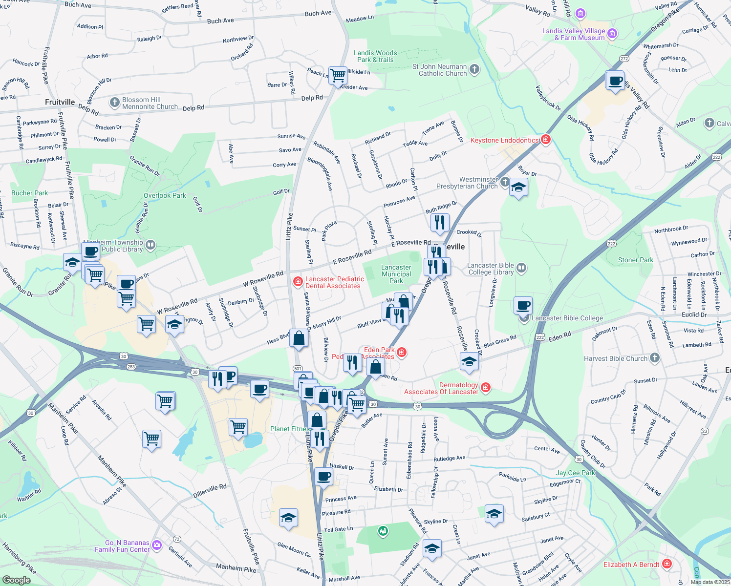 map of restaurants, bars, coffee shops, grocery stores, and more near 1817 Anne Ave in Lancaster