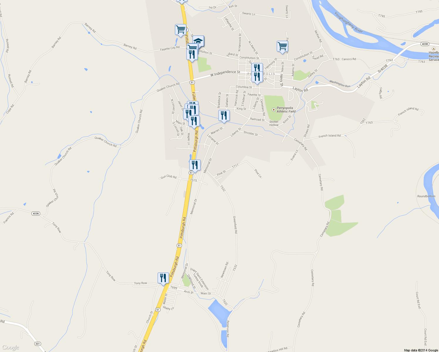 map of restaurants, bars, coffee shops, grocery stores, and more near 12 Pine Ln in Perryopolis