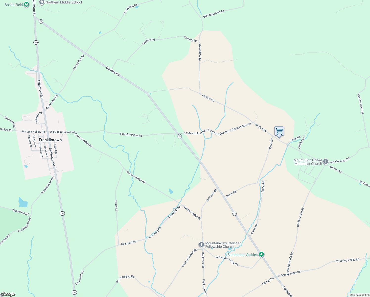 map of restaurants, bars, coffee shops, grocery stores, and more near 9678 Carlisle Road in Dillsburg