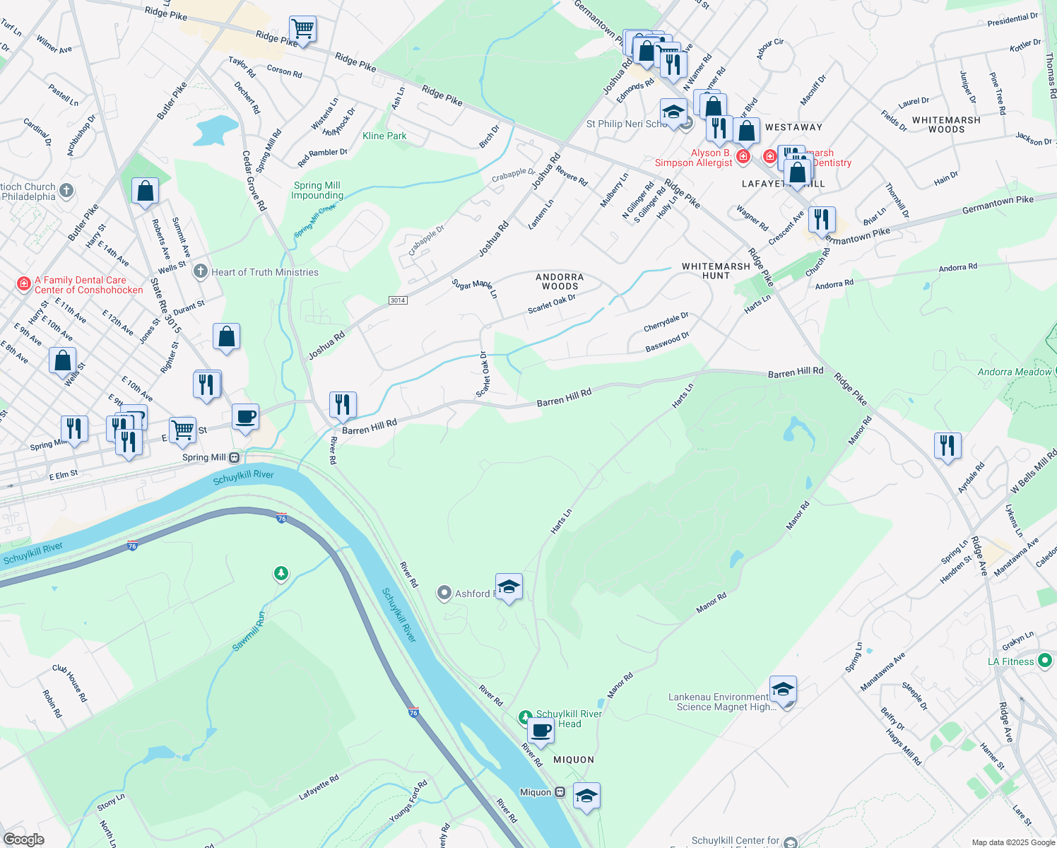 map of restaurants, bars, coffee shops, grocery stores, and more near 319 Barren Hill Road in Conshohocken