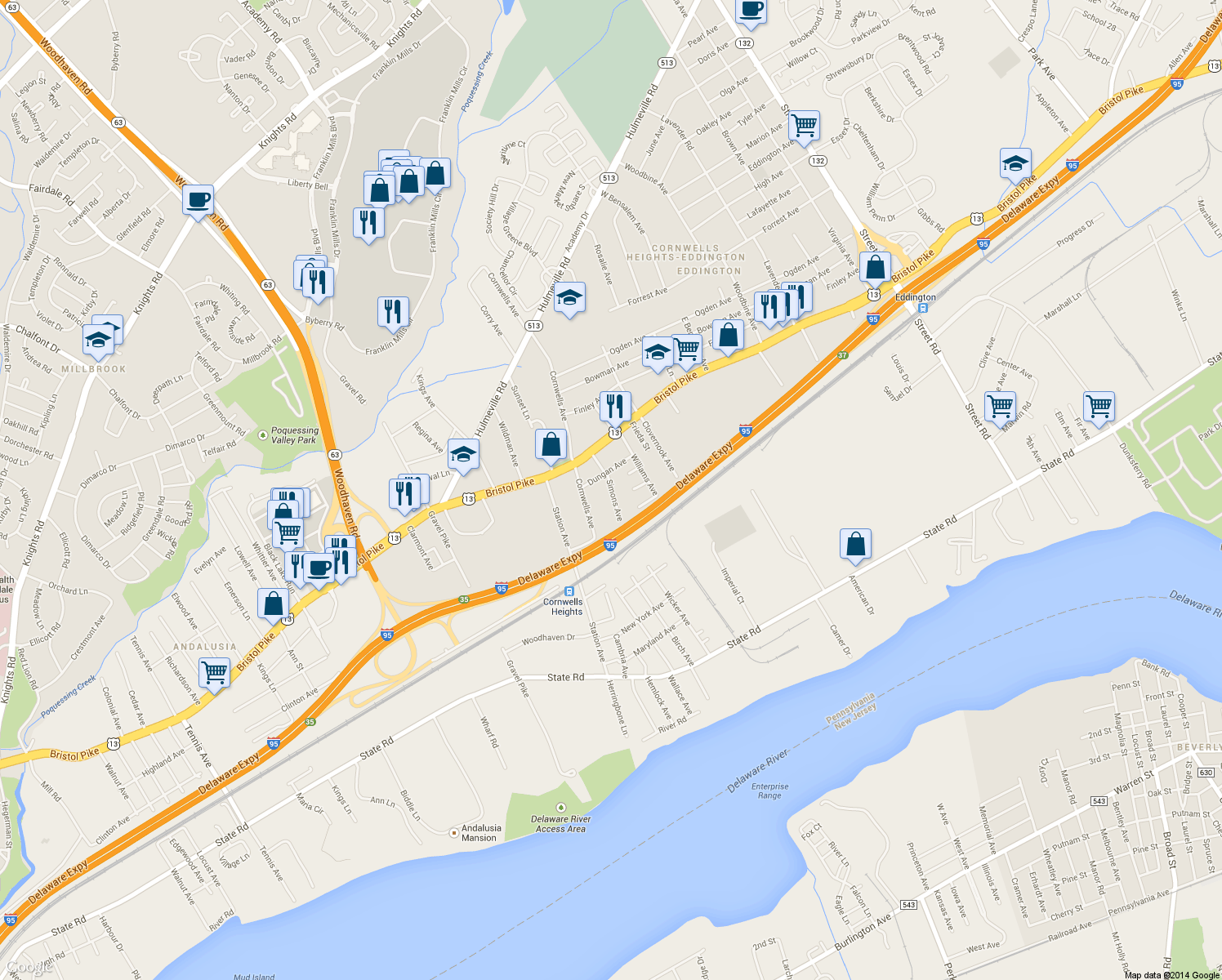 map of restaurants, bars, coffee shops, grocery stores, and more near 882 Simons Avenue in Bensalem