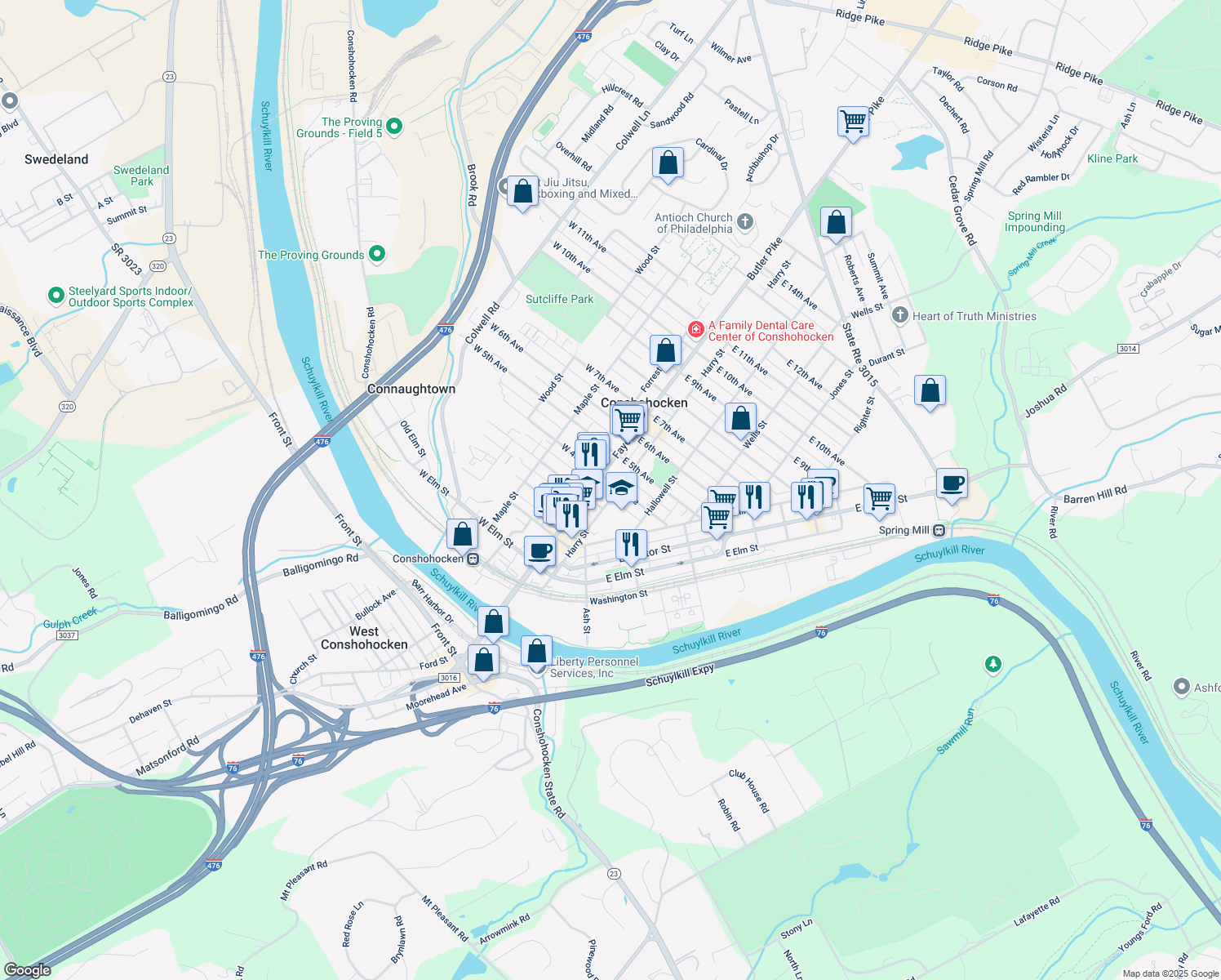 map of restaurants, bars, coffee shops, grocery stores, and more near 326 Harry Street in Conshohocken