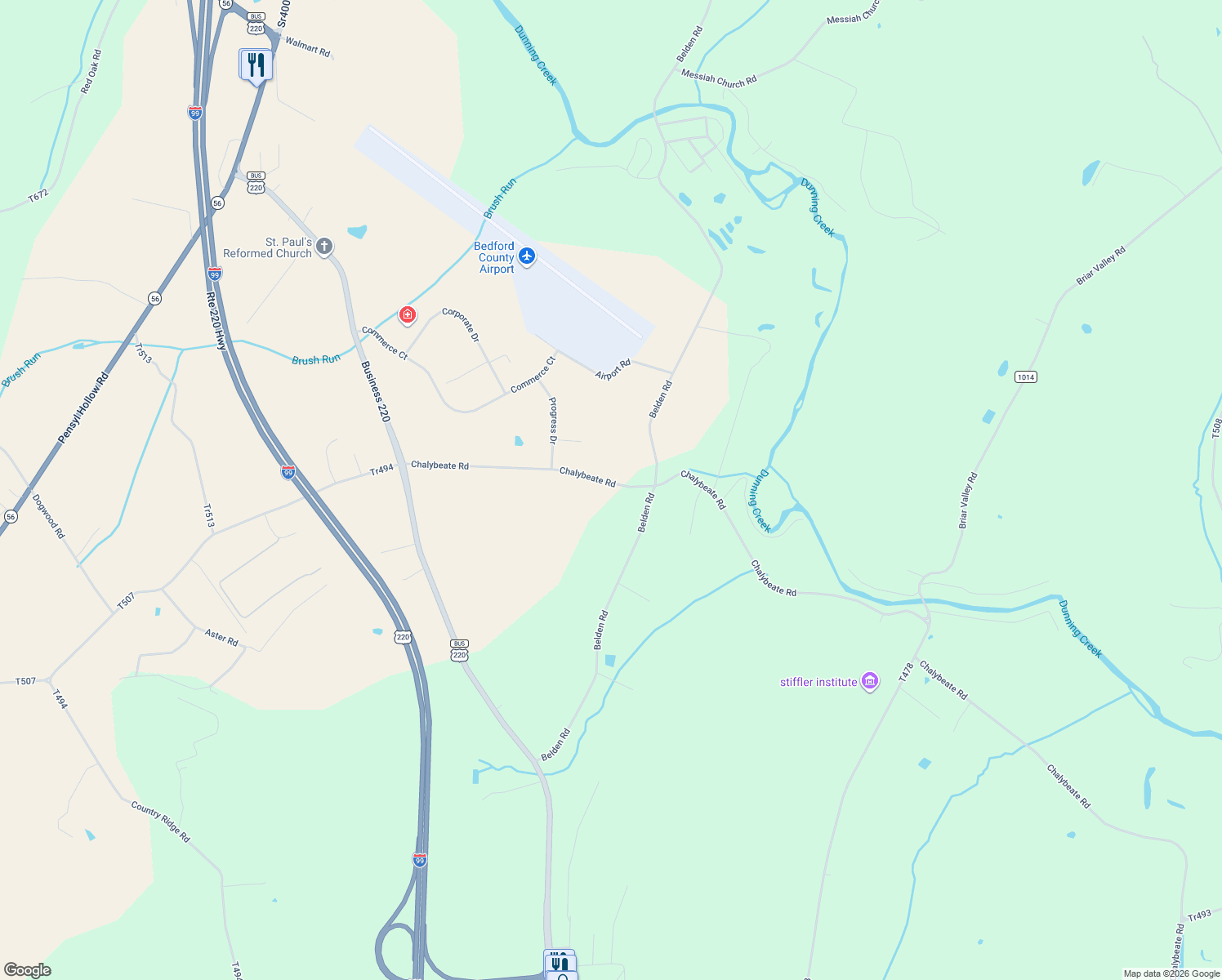 map of restaurants, bars, coffee shops, grocery stores, and more near 2655 Chalybeate Road in Bedford