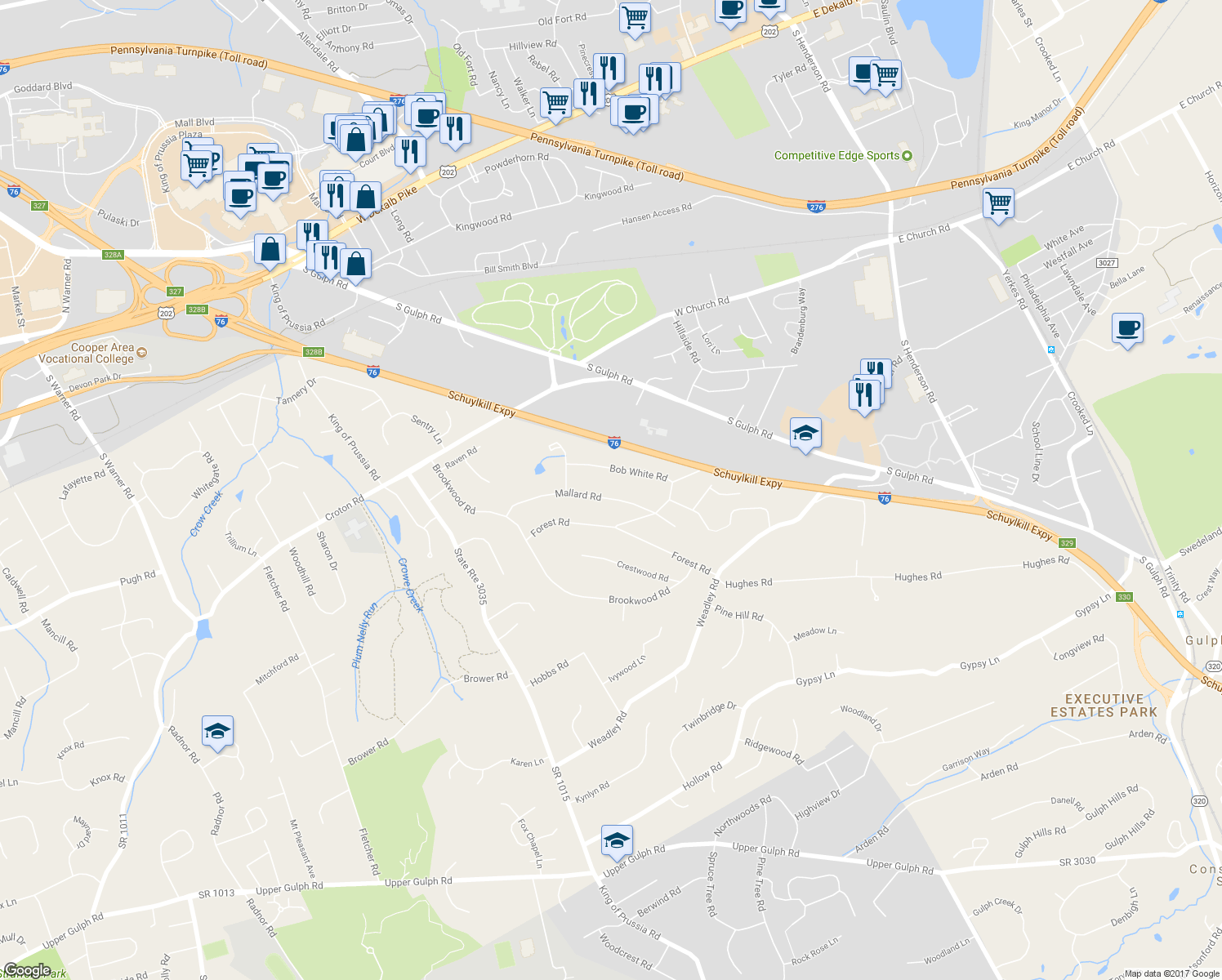 map of restaurants, bars, coffee shops, grocery stores, and more near 639 Mallard Road in Wayne