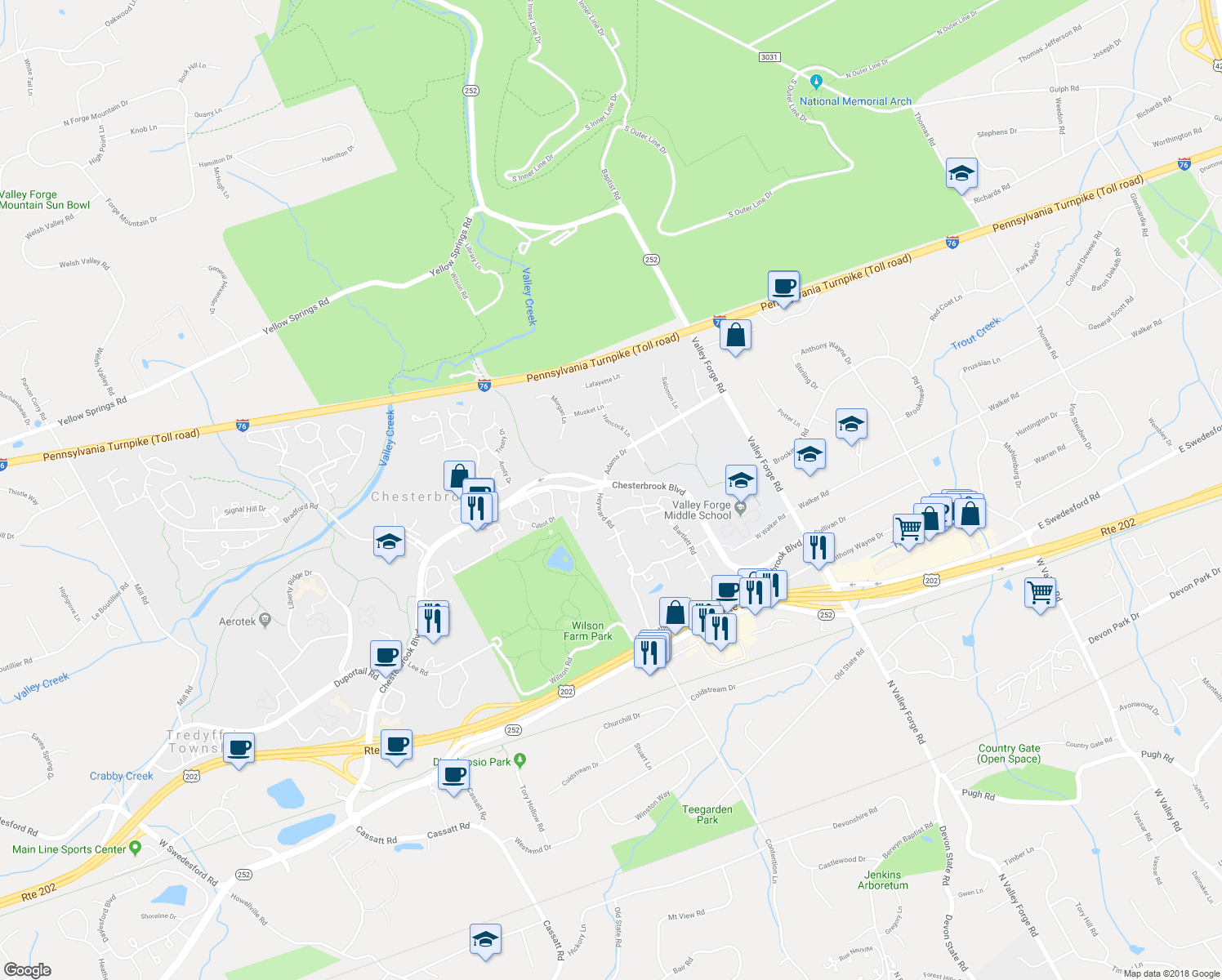 map of restaurants, bars, coffee shops, grocery stores, and more near 24 Scott Court in Chesterbrook