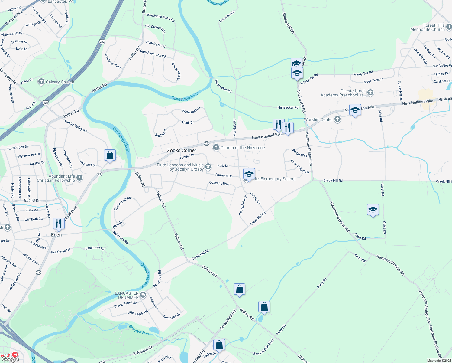 map of restaurants, bars, coffee shops, grocery stores, and more near 2157 Colleens Way in Lancaster