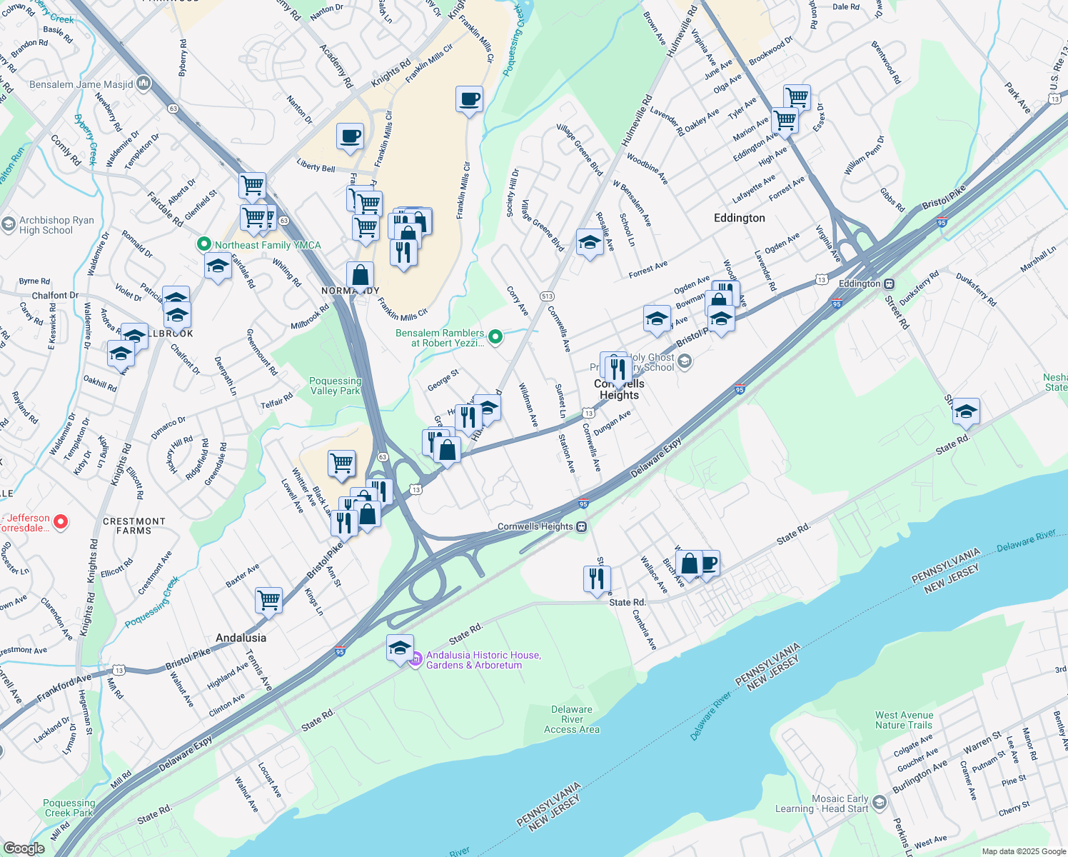 map of restaurants, bars, coffee shops, grocery stores, and more near 1848 Bristol Pike in Bensalem