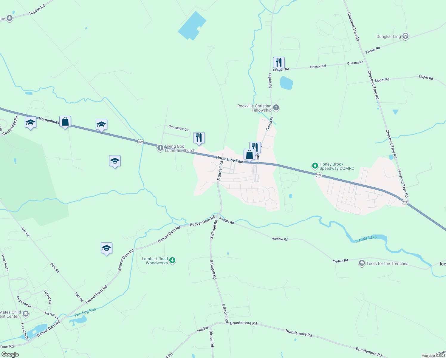 map of restaurants, bars, coffee shops, grocery stores, and more near 110 Azalea Circle in Honey Brook