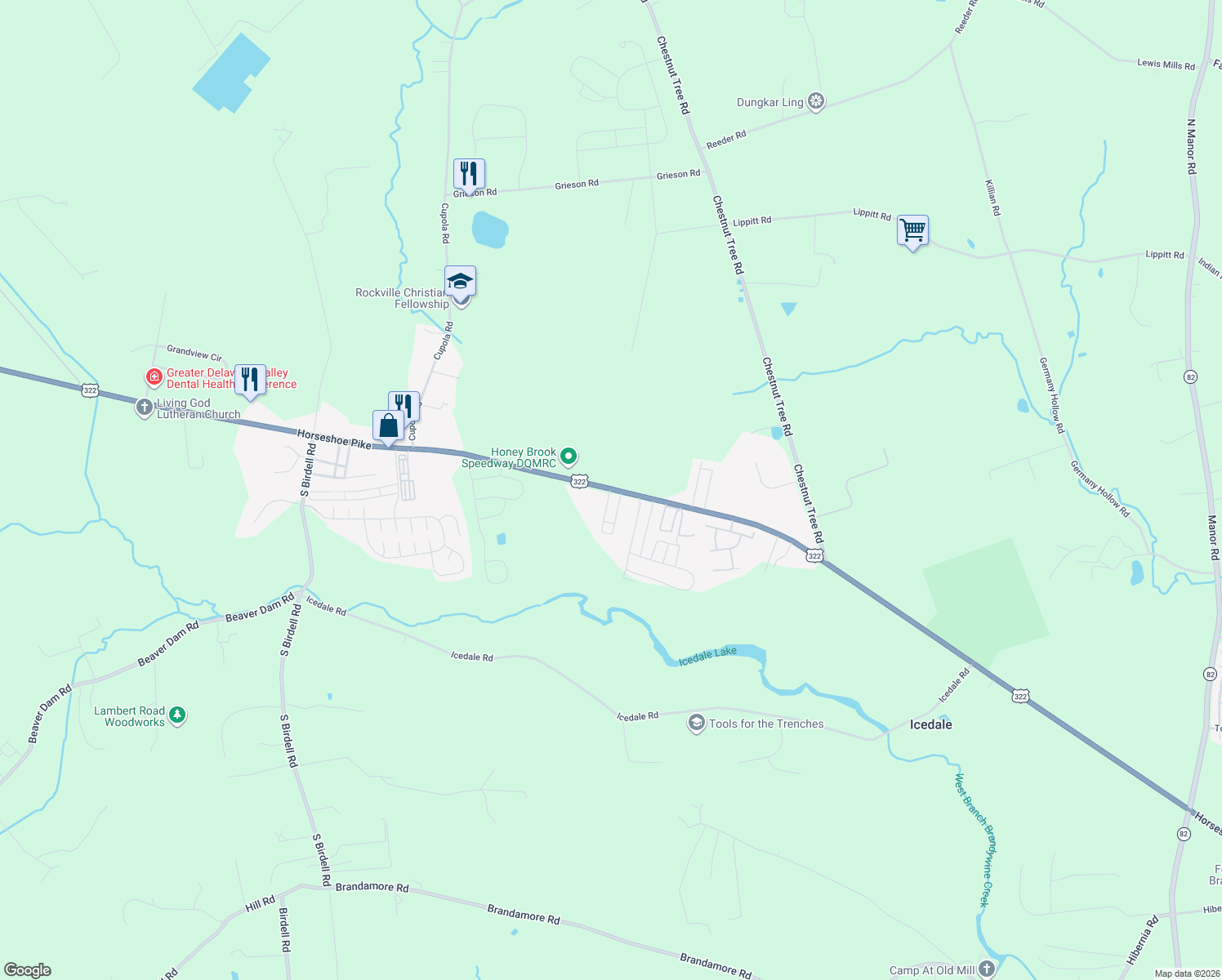 map of restaurants, bars, coffee shops, grocery stores, and more near 4 Keystone Court in Honey Brook