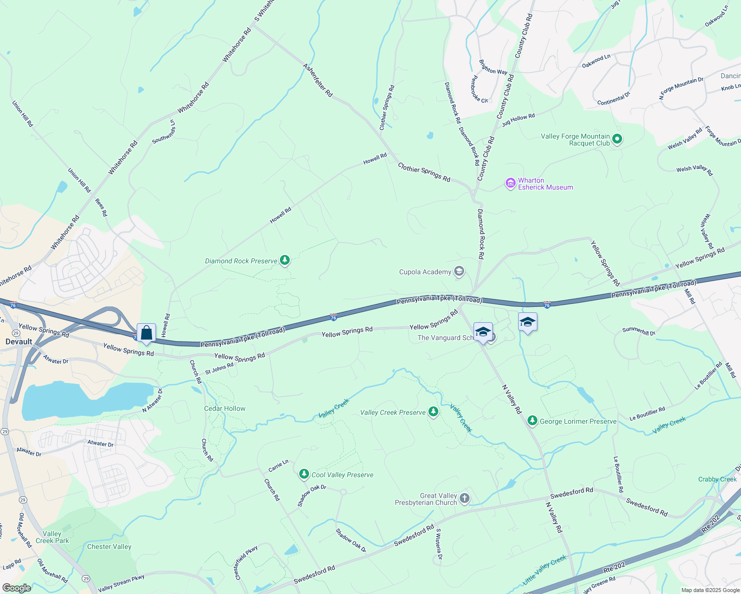 map of restaurants, bars, coffee shops, grocery stores, and more near 1975 White Deer Trail in Malvern
