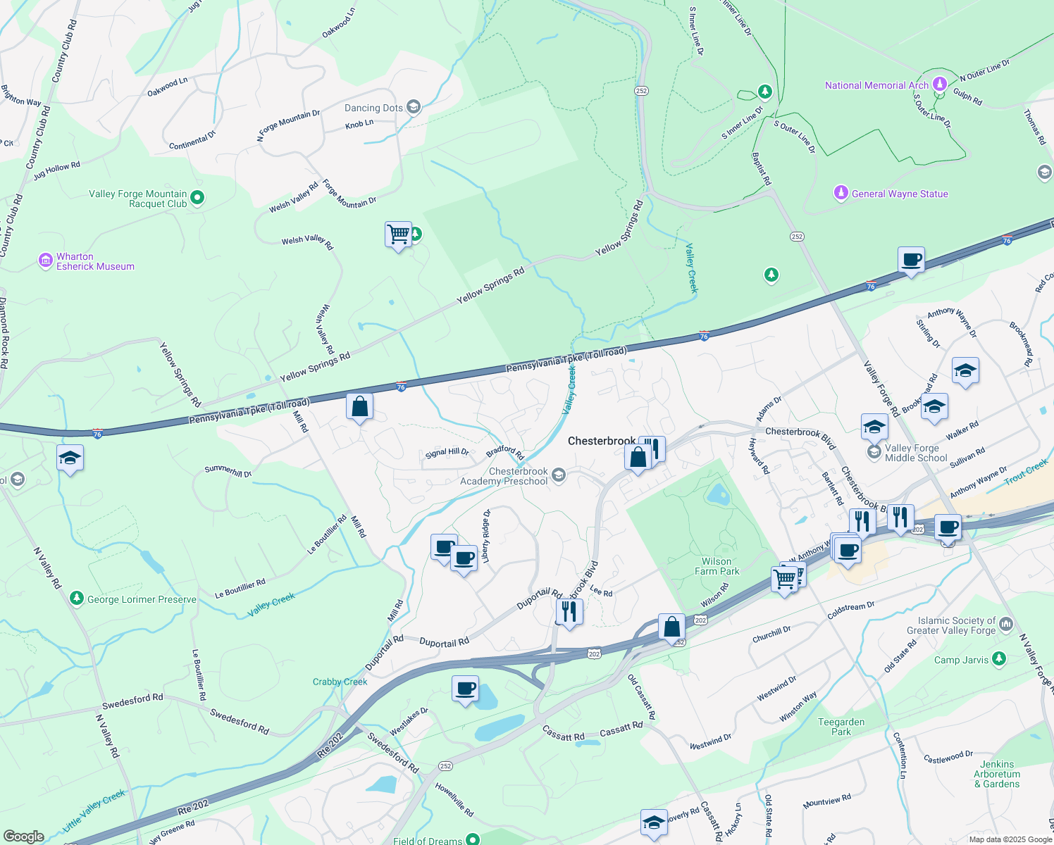 map of restaurants, bars, coffee shops, grocery stores, and more near 56 Rampart Drive in Chesterbrook