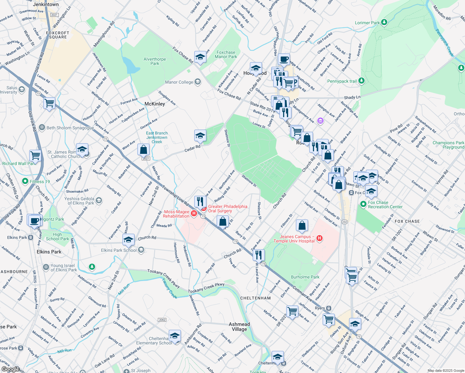 map of restaurants, bars, coffee shops, grocery stores, and more near 333 Rolling Hill Road in Elkins Park