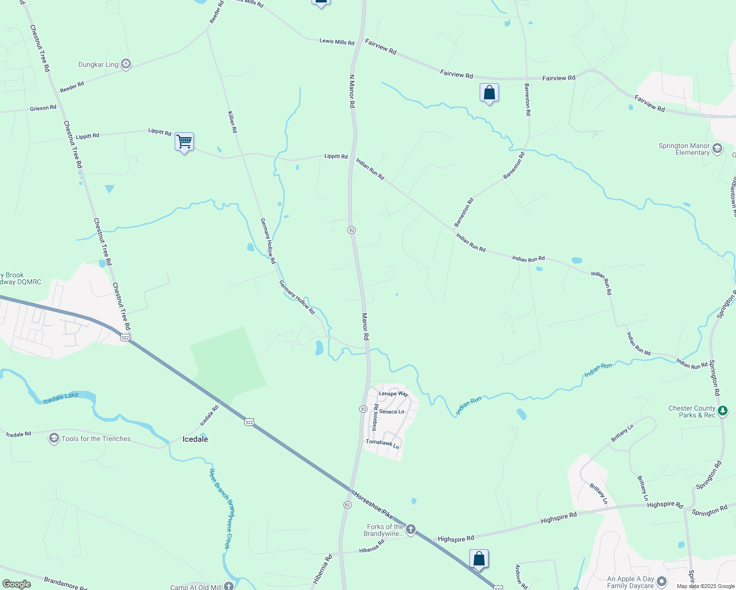 map of restaurants, bars, coffee shops, grocery stores, and more near 1296 North Manor Road in Honey Brook