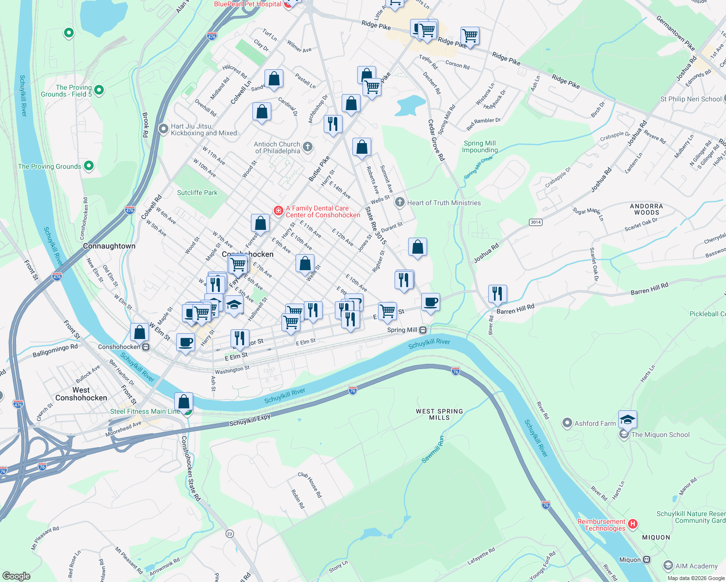 map of restaurants, bars, coffee shops, grocery stores, and more near 913 Righter Street in Conshohocken