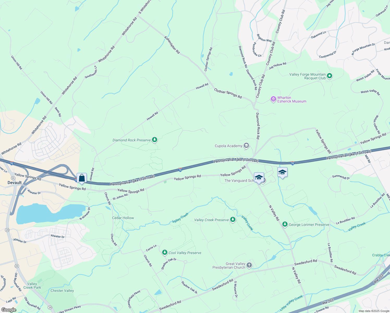 map of restaurants, bars, coffee shops, grocery stores, and more near 1975 White Deer Trail in Malvern