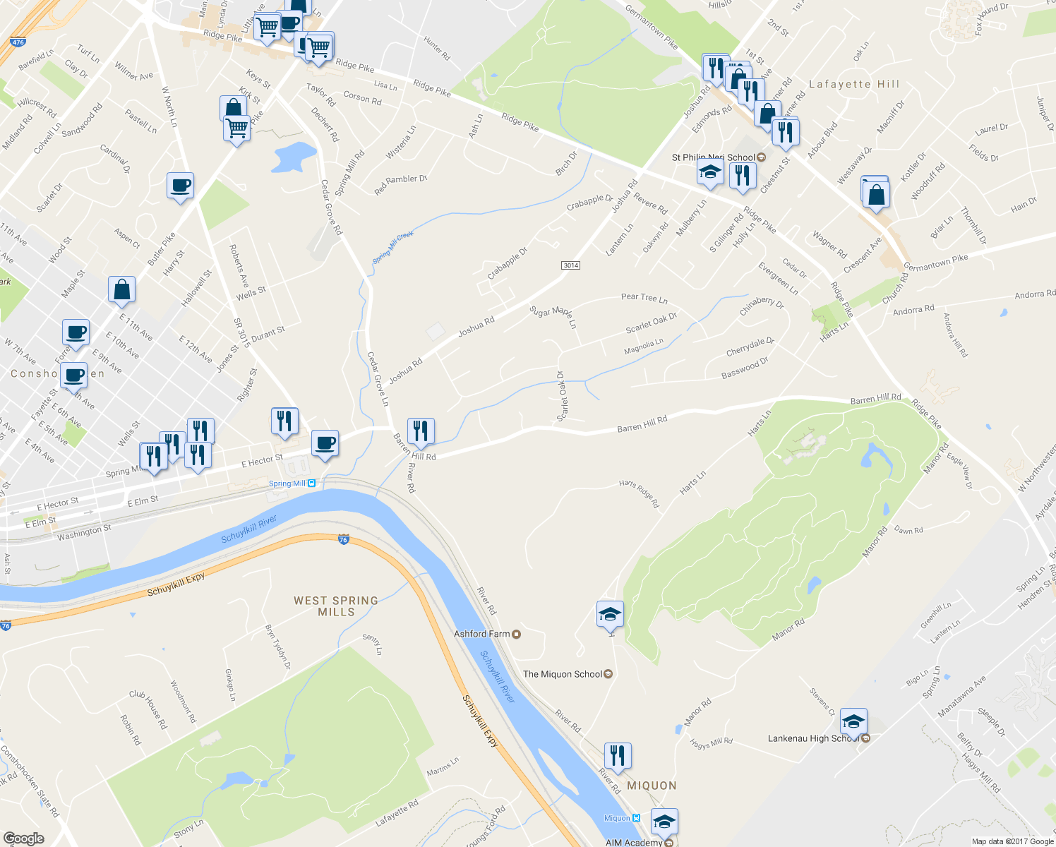 map of restaurants, bars, coffee shops, grocery stores, and more near 2111 Barren Hill Rd in Conshohocken