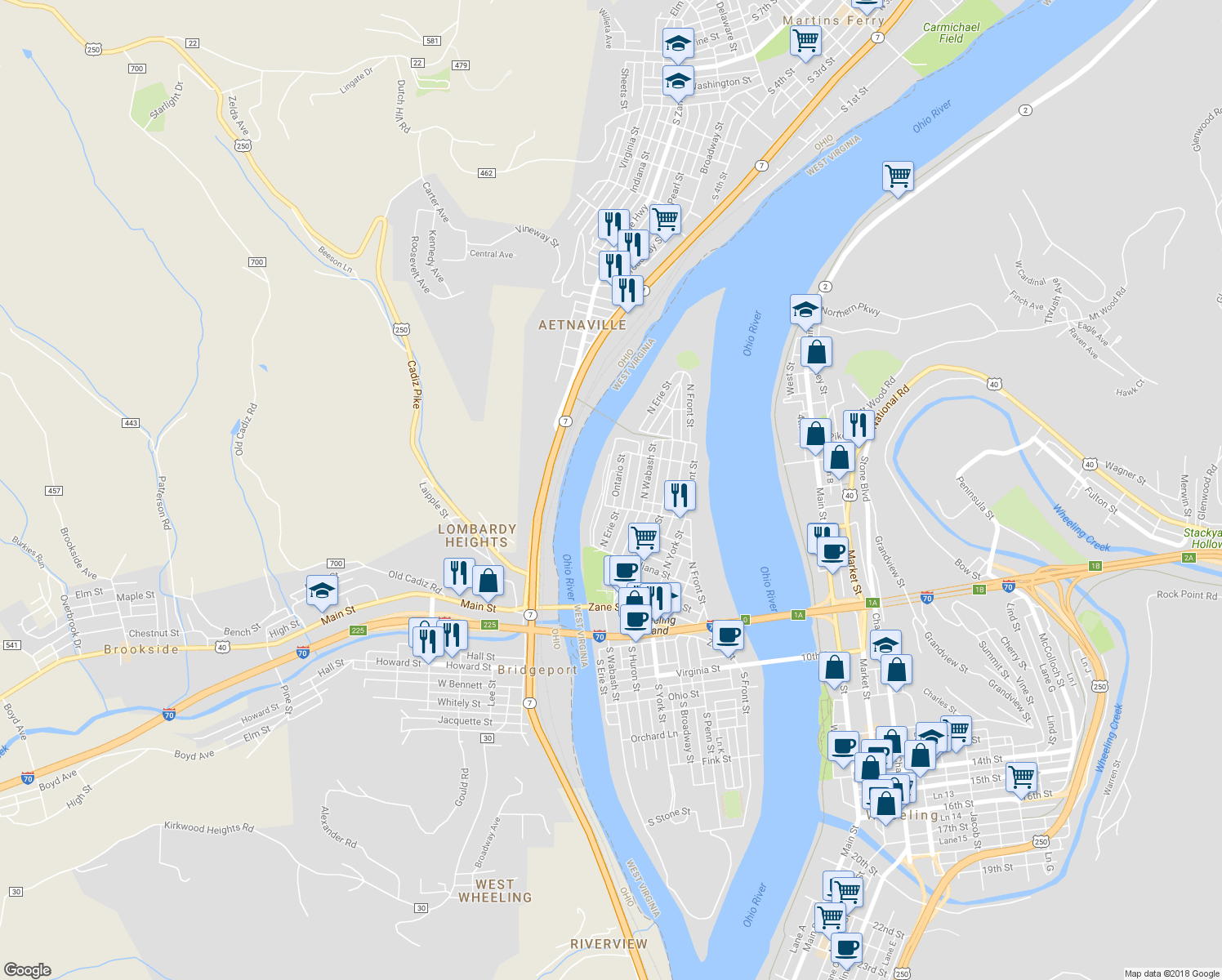 map of restaurants, bars, coffee shops, grocery stores, and more near 418 Ontario Street in Wheeling