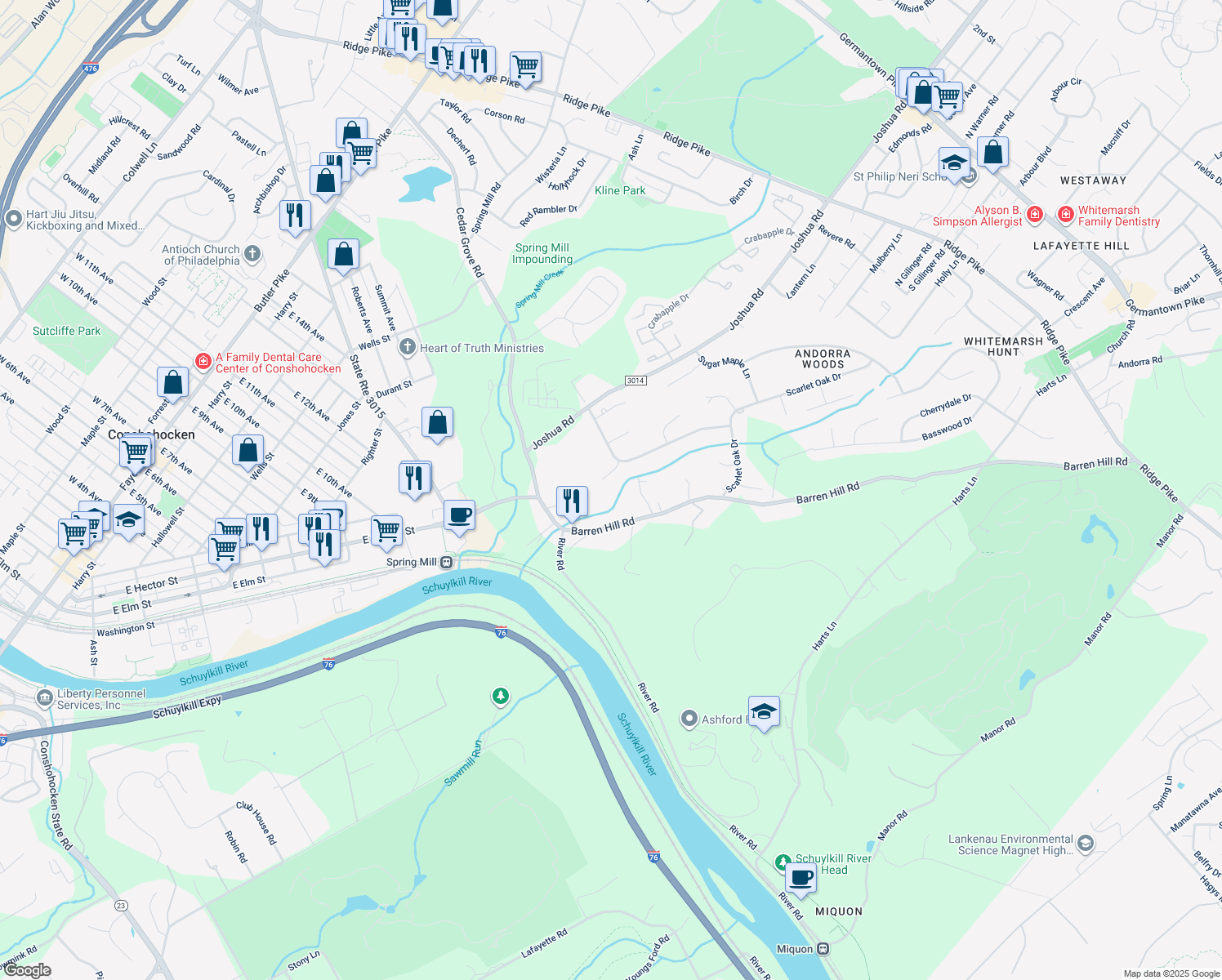 map of restaurants, bars, coffee shops, grocery stores, and more near 6 Buttonwood Circle in Lafayette Hill