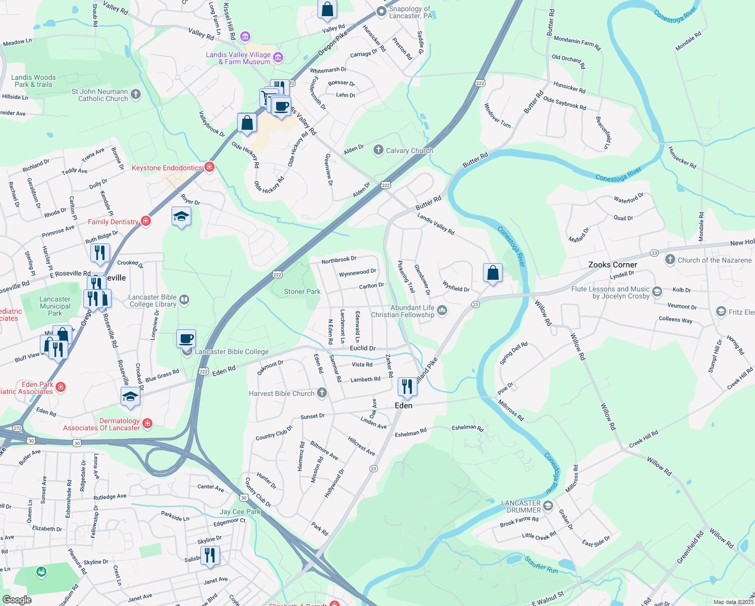 map of restaurants, bars, coffee shops, grocery stores, and more near 1901 Northbrook Dr in Lancaster