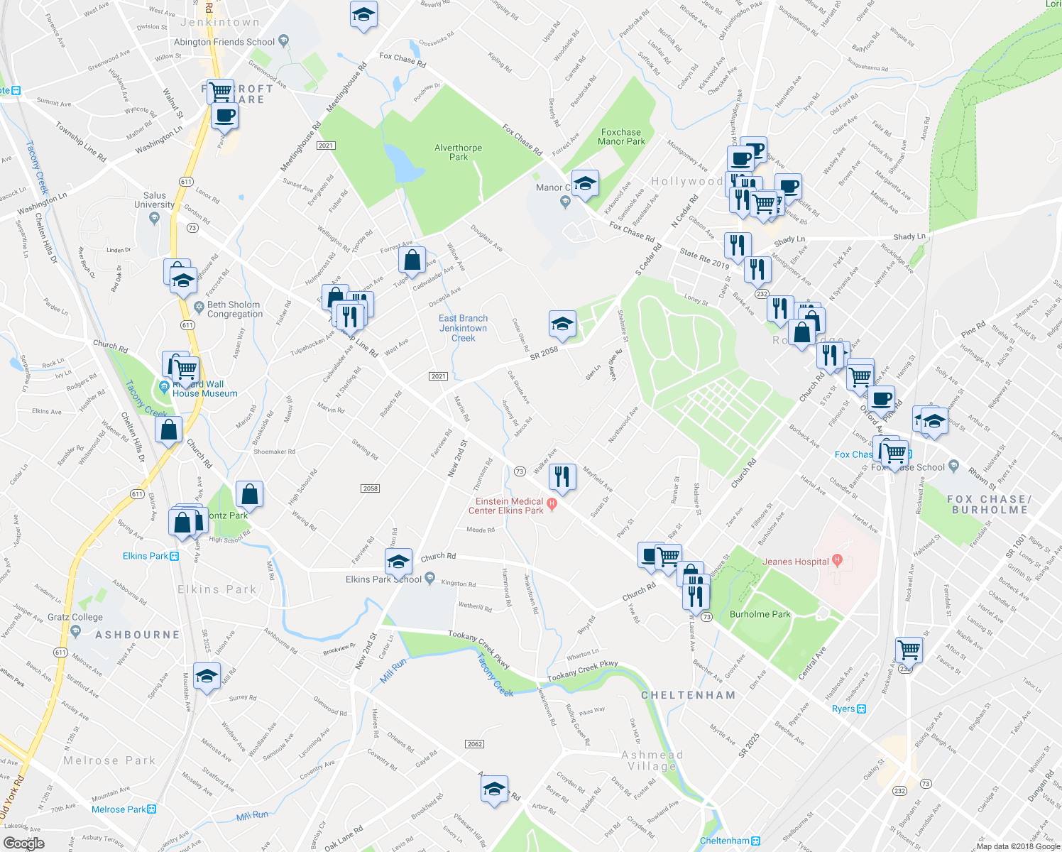 map of restaurants, bars, coffee shops, grocery stores, and more near 221 Marco Road in Elkins Park
