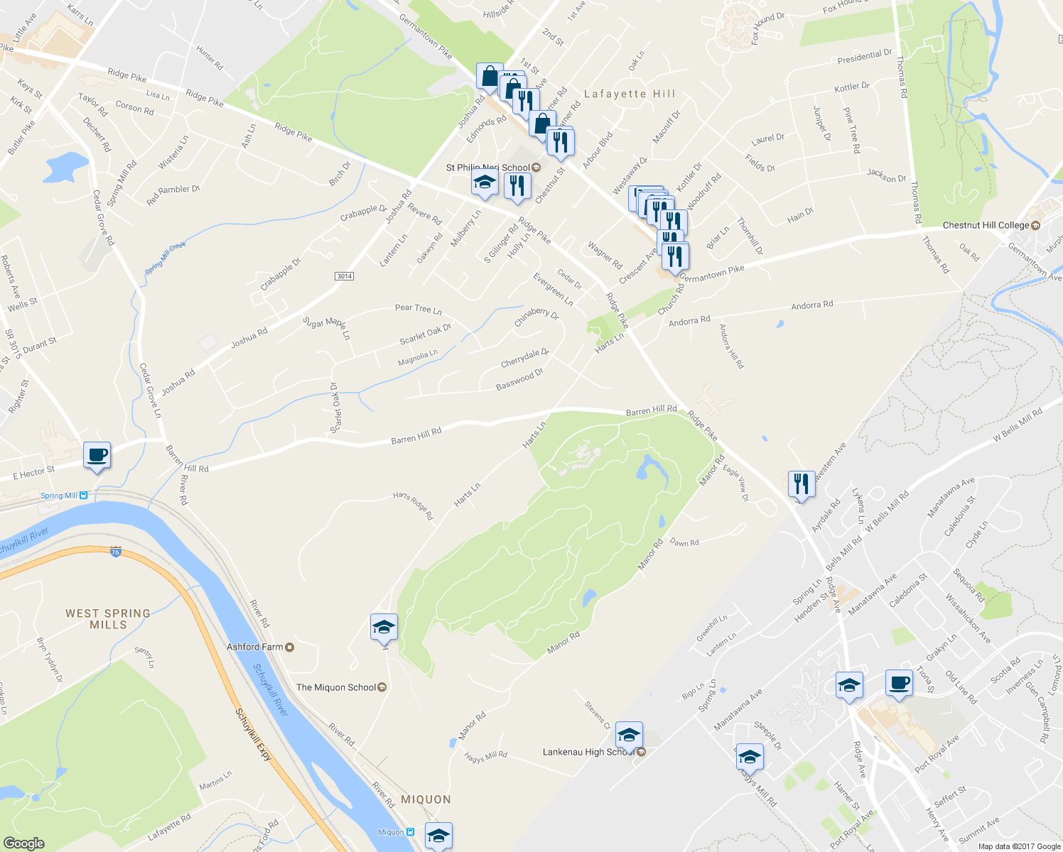 map of restaurants, bars, coffee shops, grocery stores, and more near 2187 Harts Lane in Conshohocken