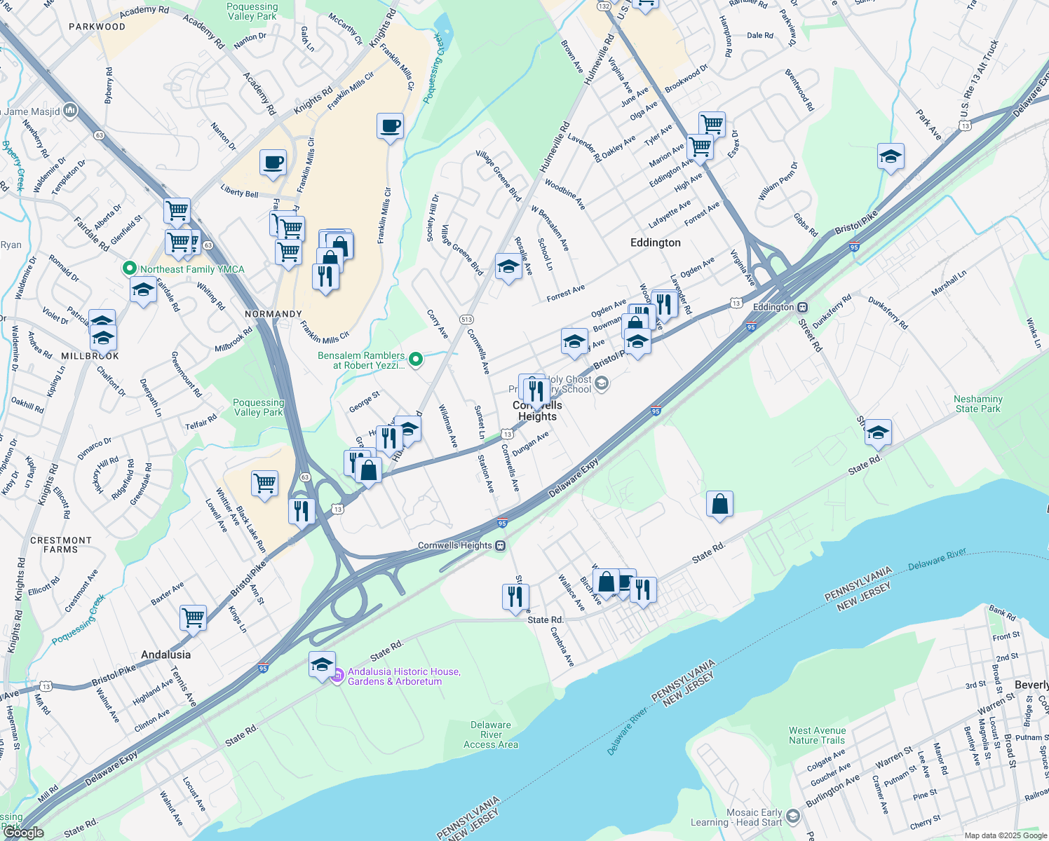 map of restaurants, bars, coffee shops, grocery stores, and more near 2218 Bristol Pike in Bensalem