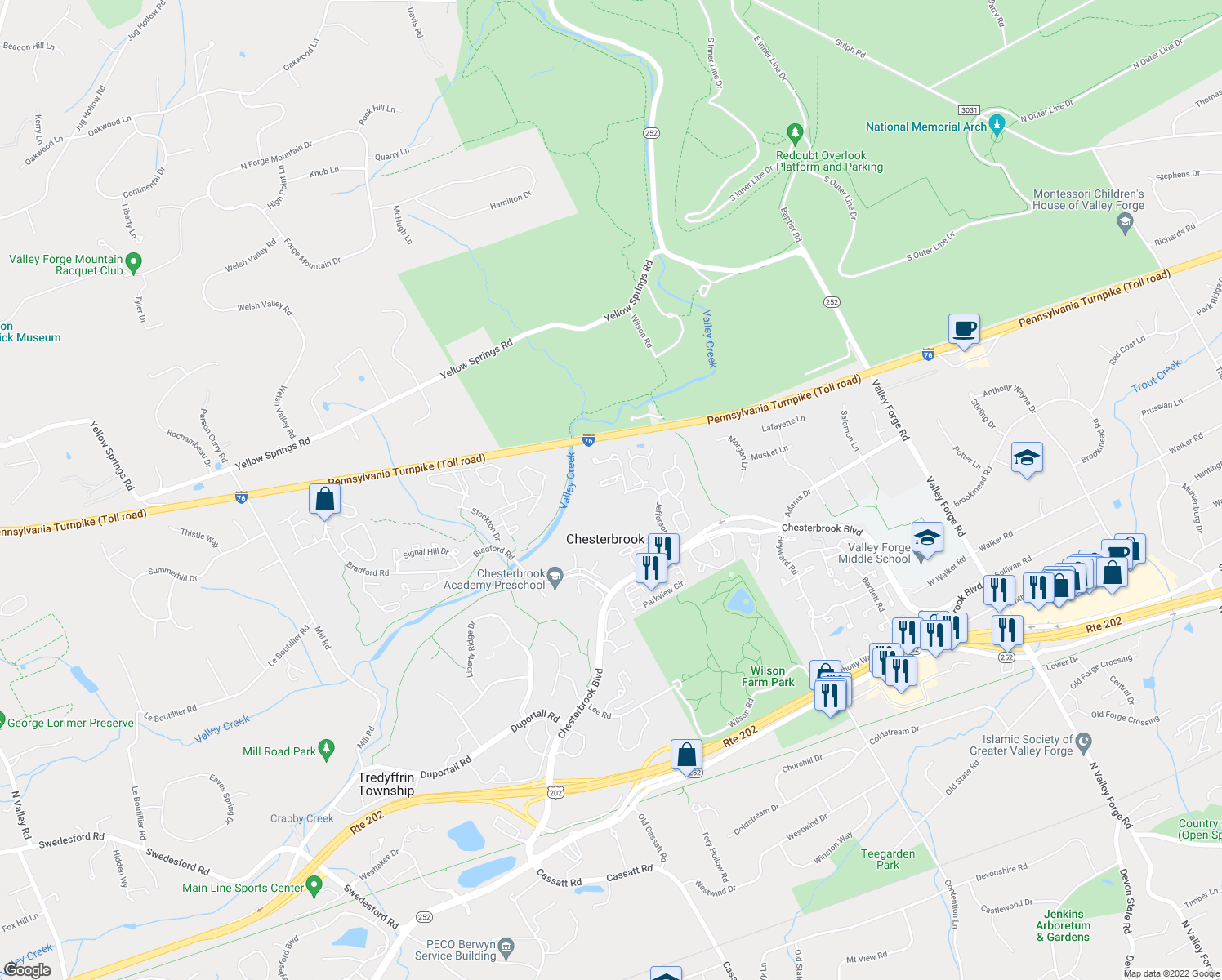 map of restaurants, bars, coffee shops, grocery stores, and more near 7 Algonquin Court in Wayne