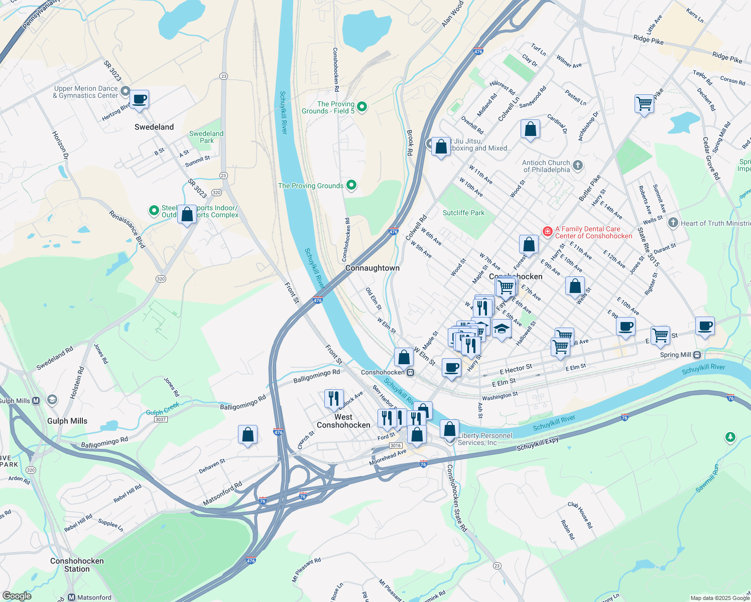 map of restaurants, bars, coffee shops, grocery stores, and more near 442 Old Elm Street in Conshohocken