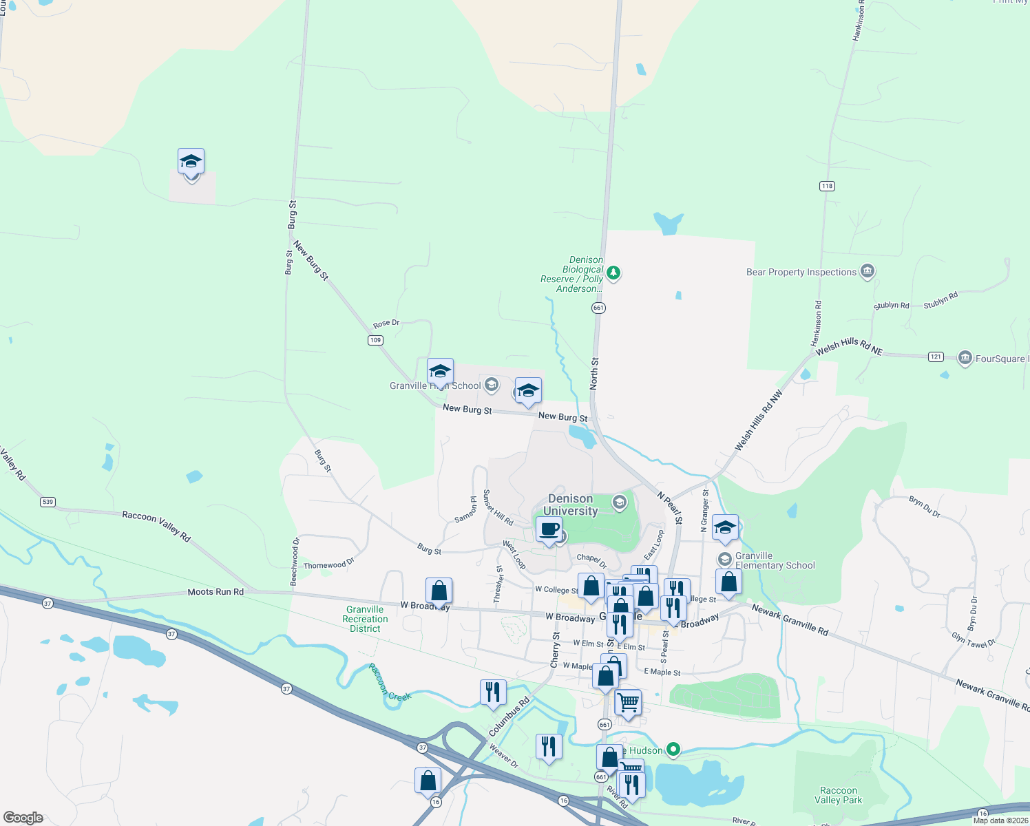 map of restaurants, bars, coffee shops, grocery stores, and more near 436 Township Highway 109 in Granville