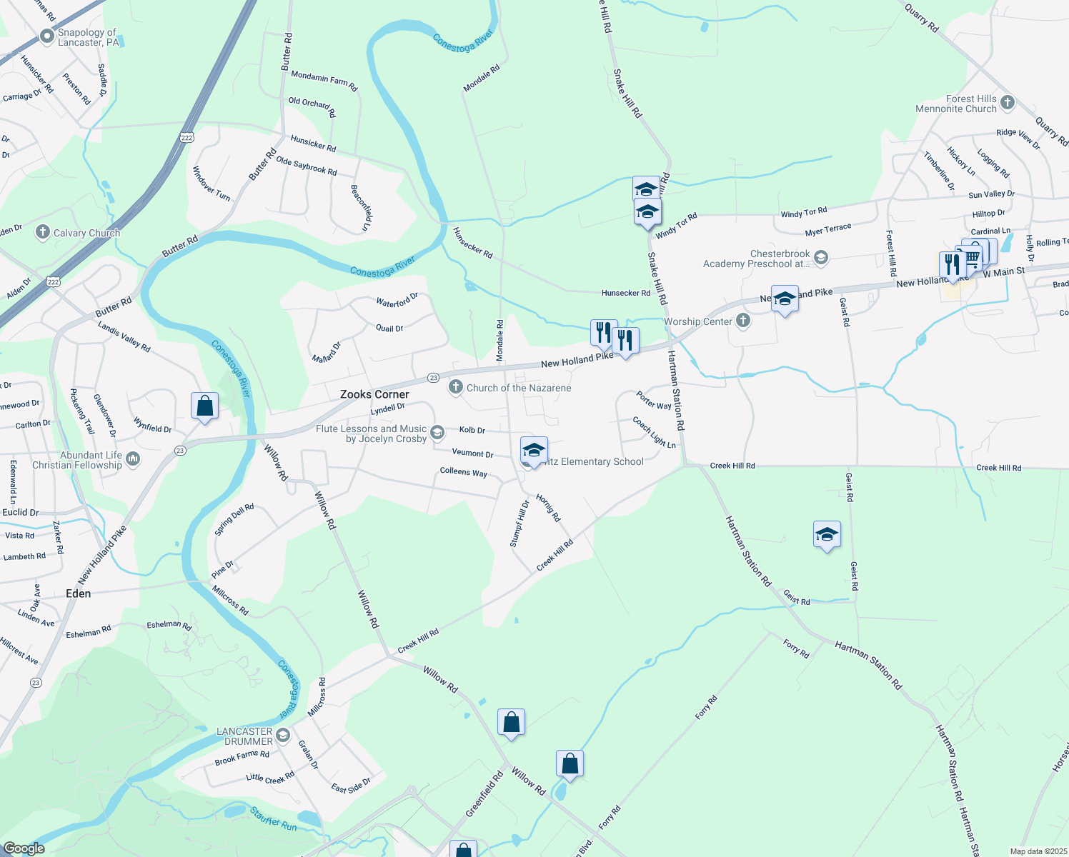 map of restaurants, bars, coffee shops, grocery stores, and more near 2211 Harmony Hill Dr in Lancaster