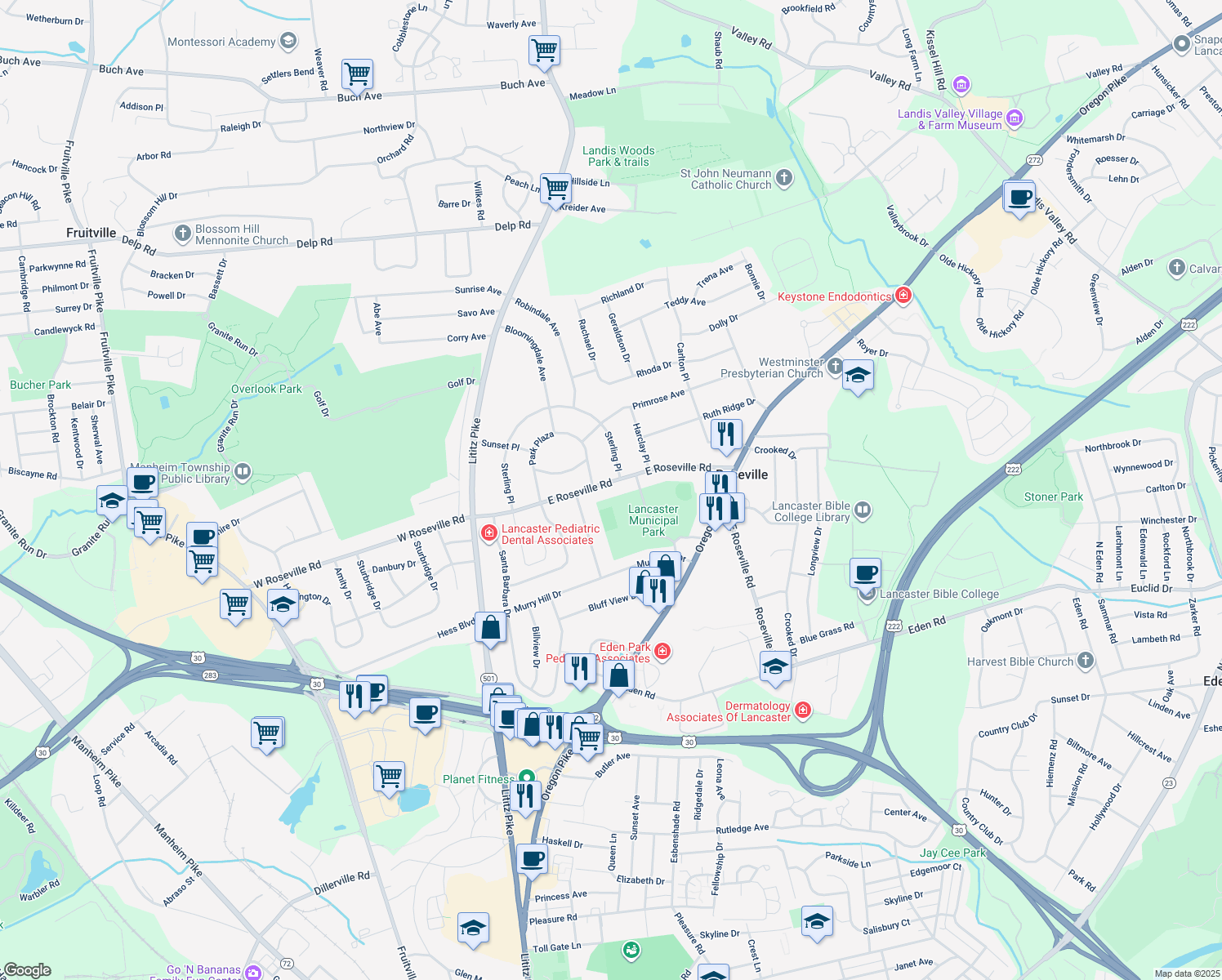 map of restaurants, bars, coffee shops, grocery stores, and more near 216 E Roseville Rd in Lancaster