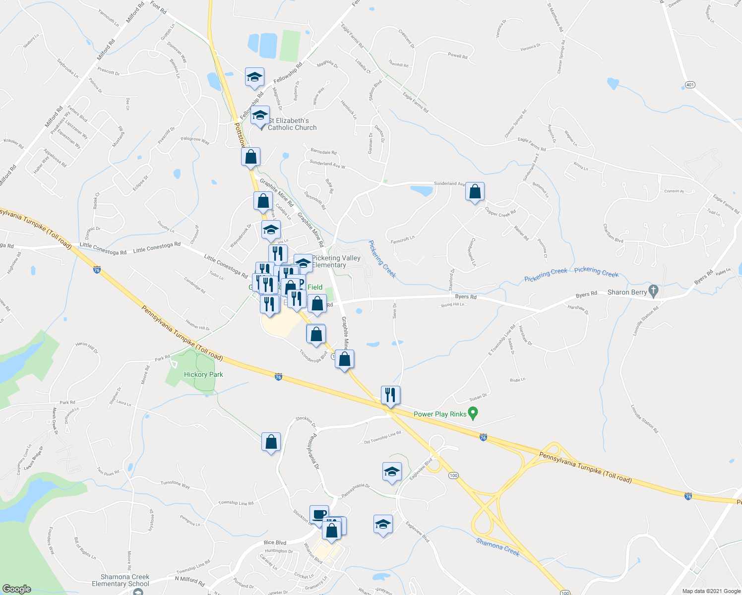 map of restaurants, bars, coffee shops, grocery stores, and more near 201 Byers Road in Chester Springs