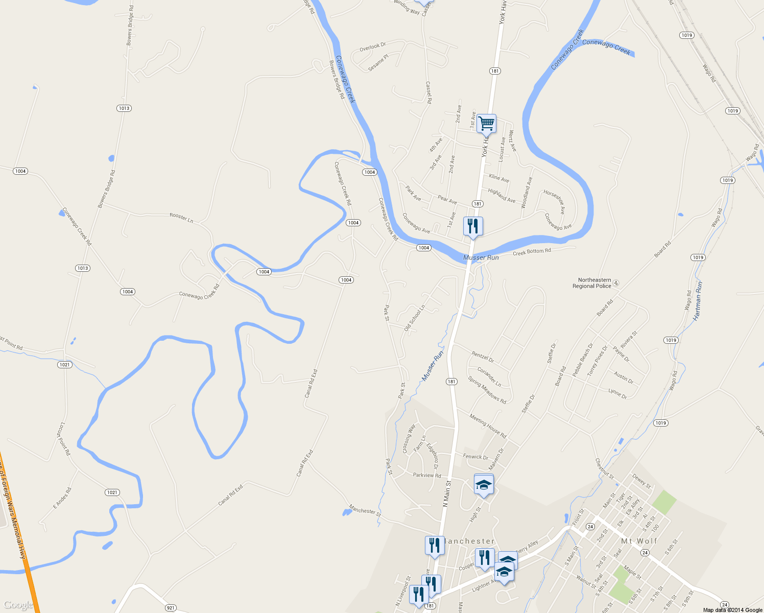 map of restaurants, bars, coffee shops, grocery stores, and more near 540 Park St in Manchester