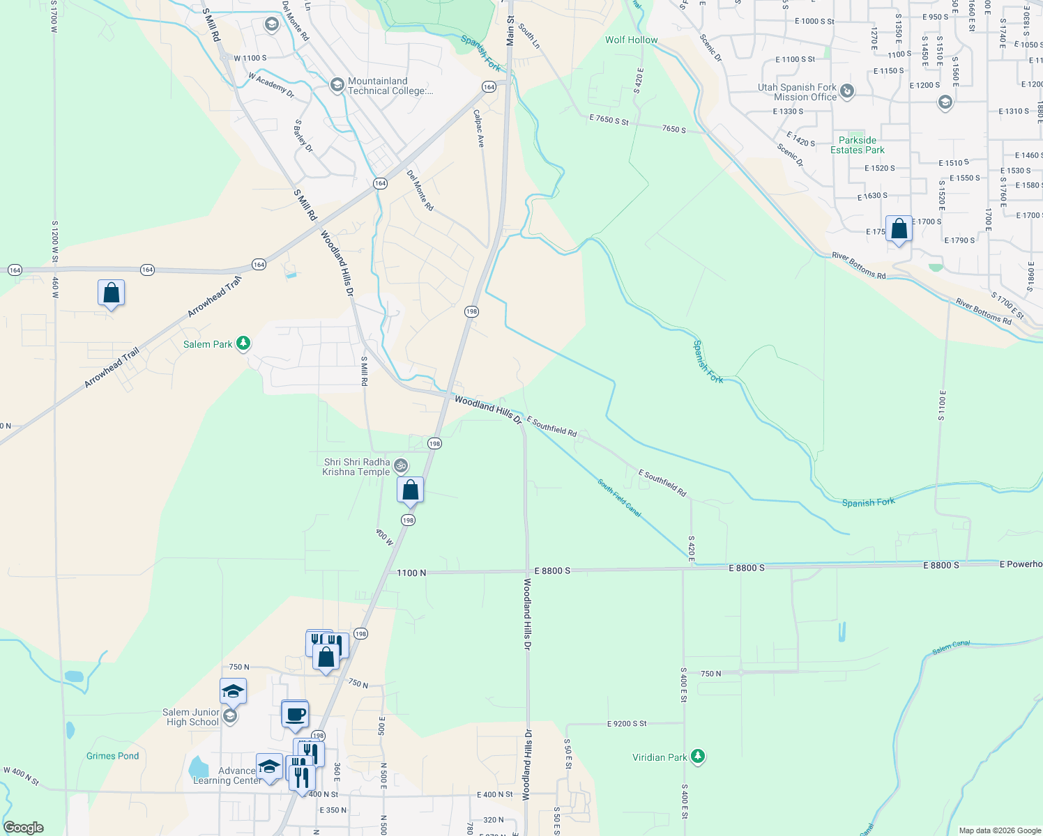 map of restaurants, bars, coffee shops, grocery stores, and more near 12 East Southfield Road in Spanish Fork