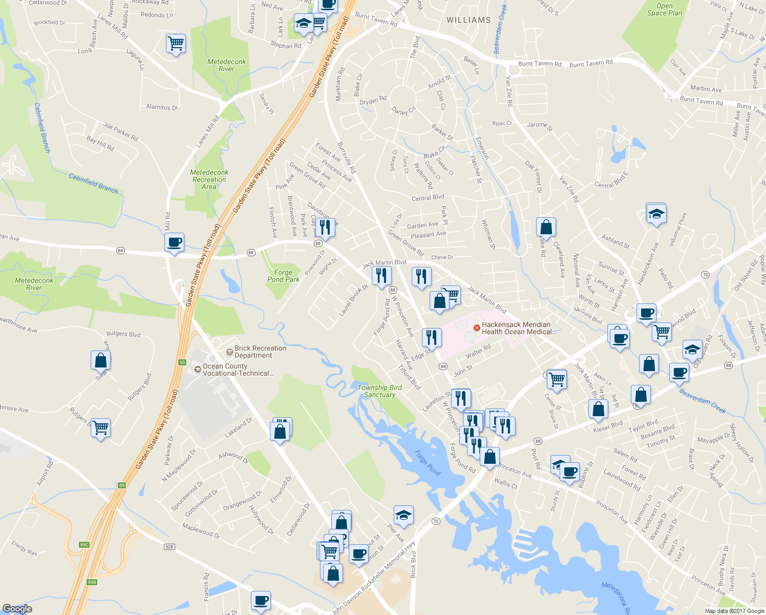 map of restaurants, bars, coffee shops, grocery stores, and more near 1555 Forge Pond Road in Brick