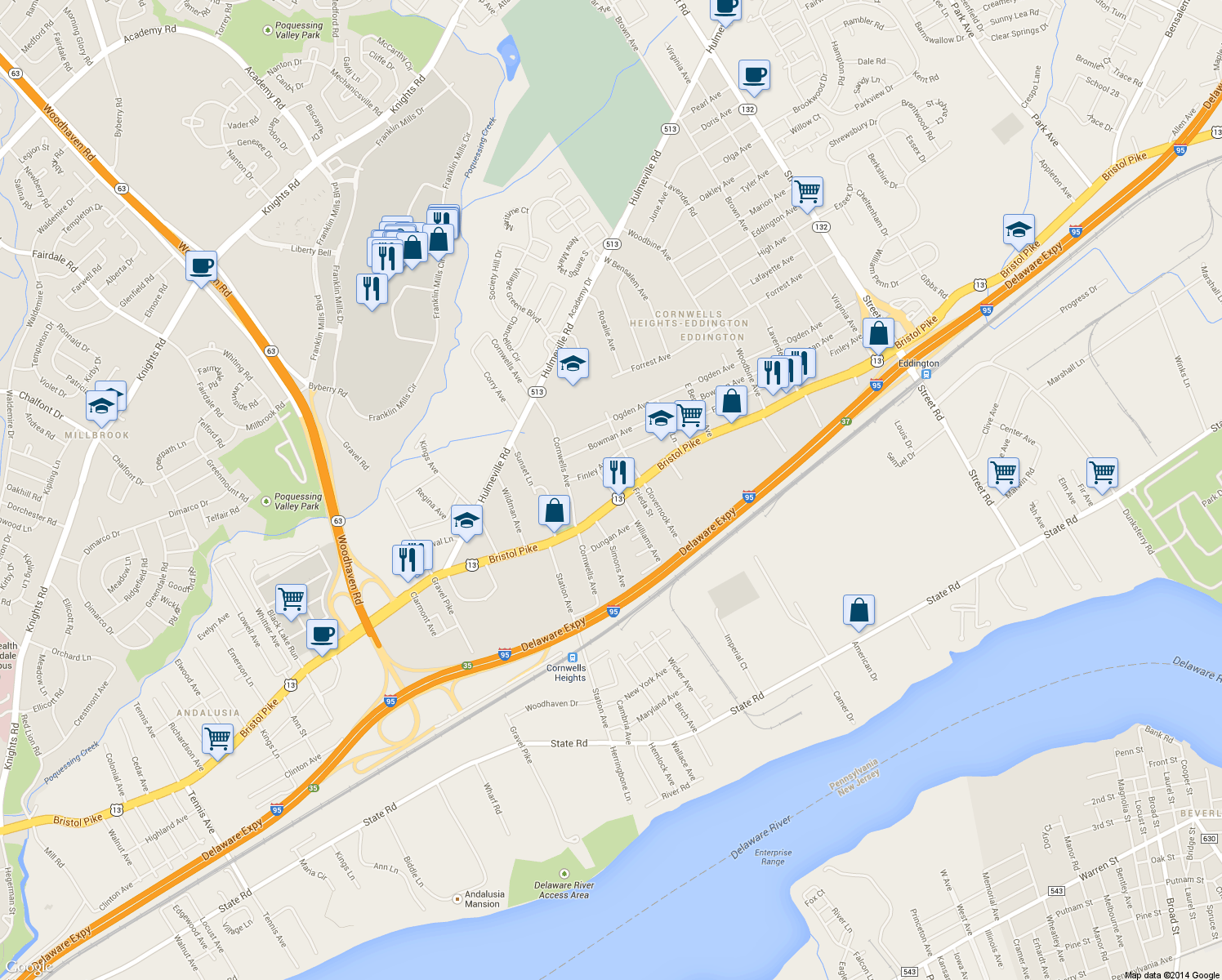 map of restaurants, bars, coffee shops, grocery stores, and more near 1030 Johanna Avenue in Bensalem