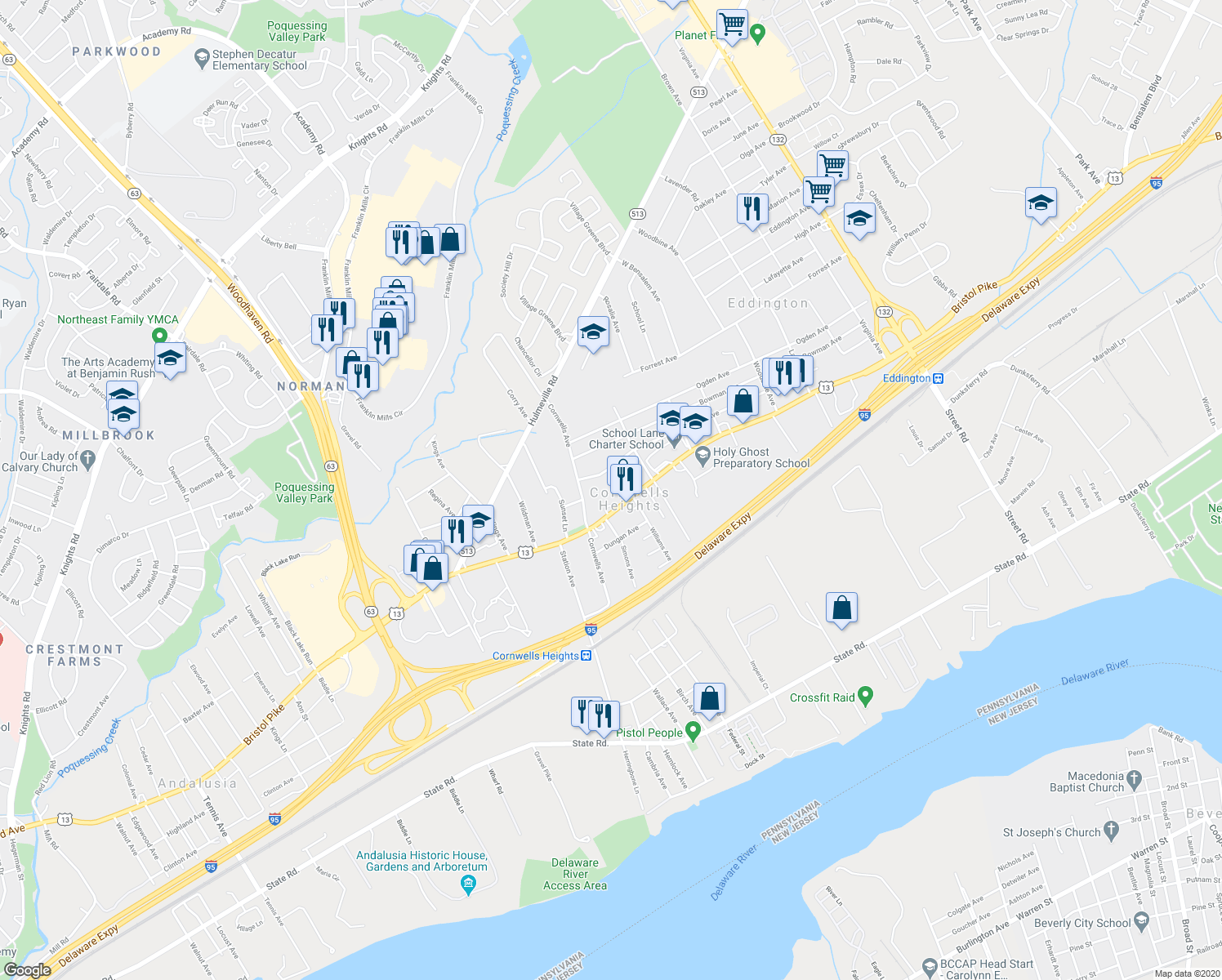 map of restaurants, bars, coffee shops, grocery stores, and more near 1035 Johanna Avenue in Bensalem