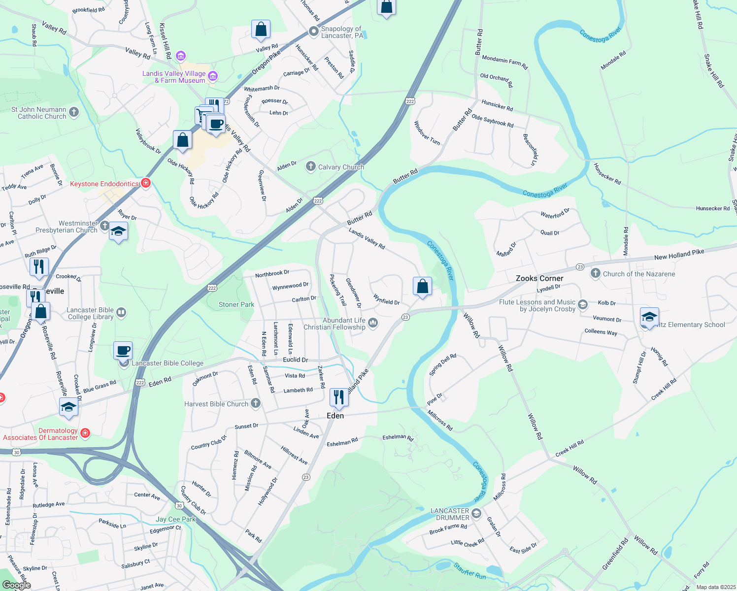 map of restaurants, bars, coffee shops, grocery stores, and more near 2034 Wynfield Drive in Lancaster