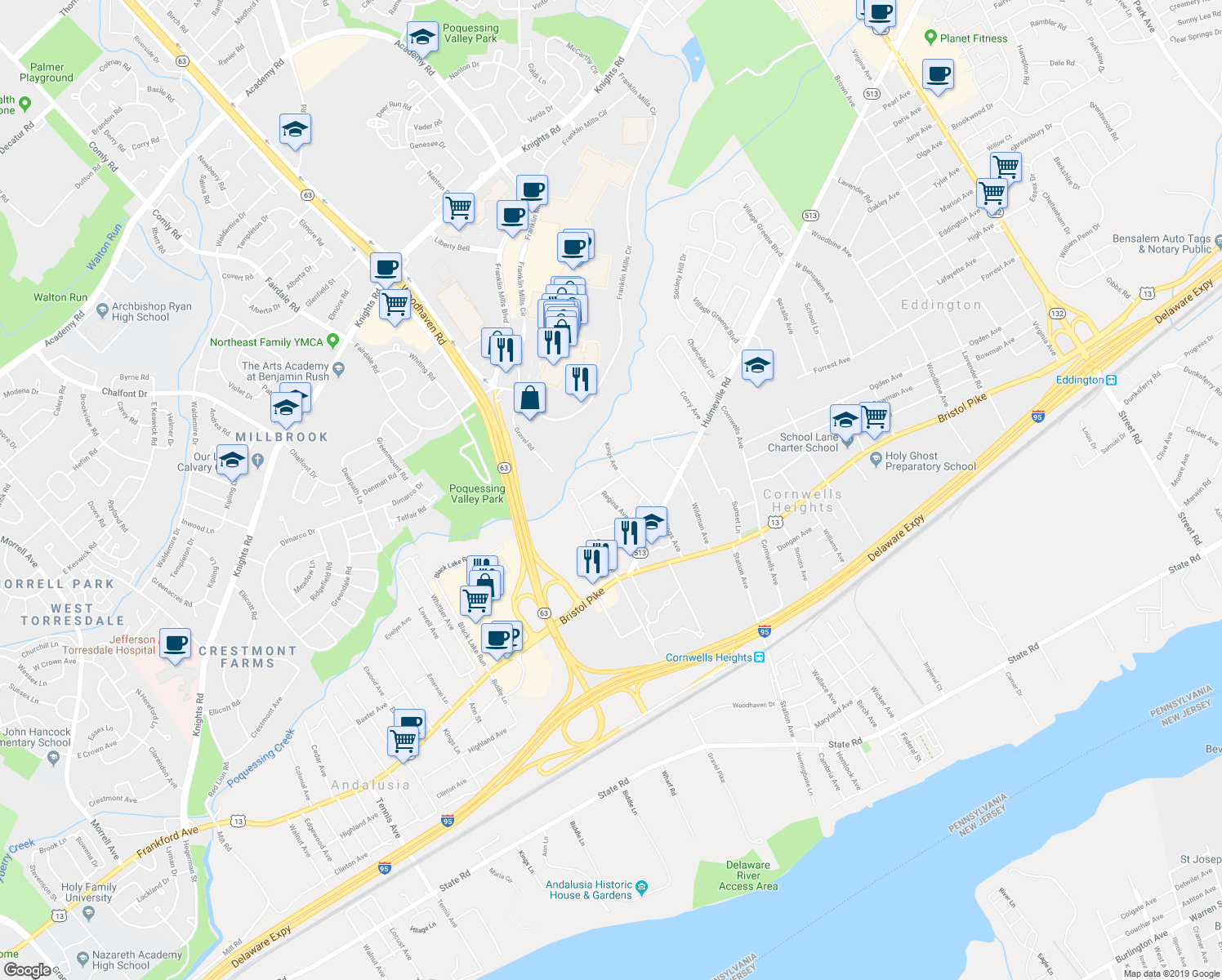 map of restaurants, bars, coffee shops, grocery stores, and more near 1715 George Street in Bensalem