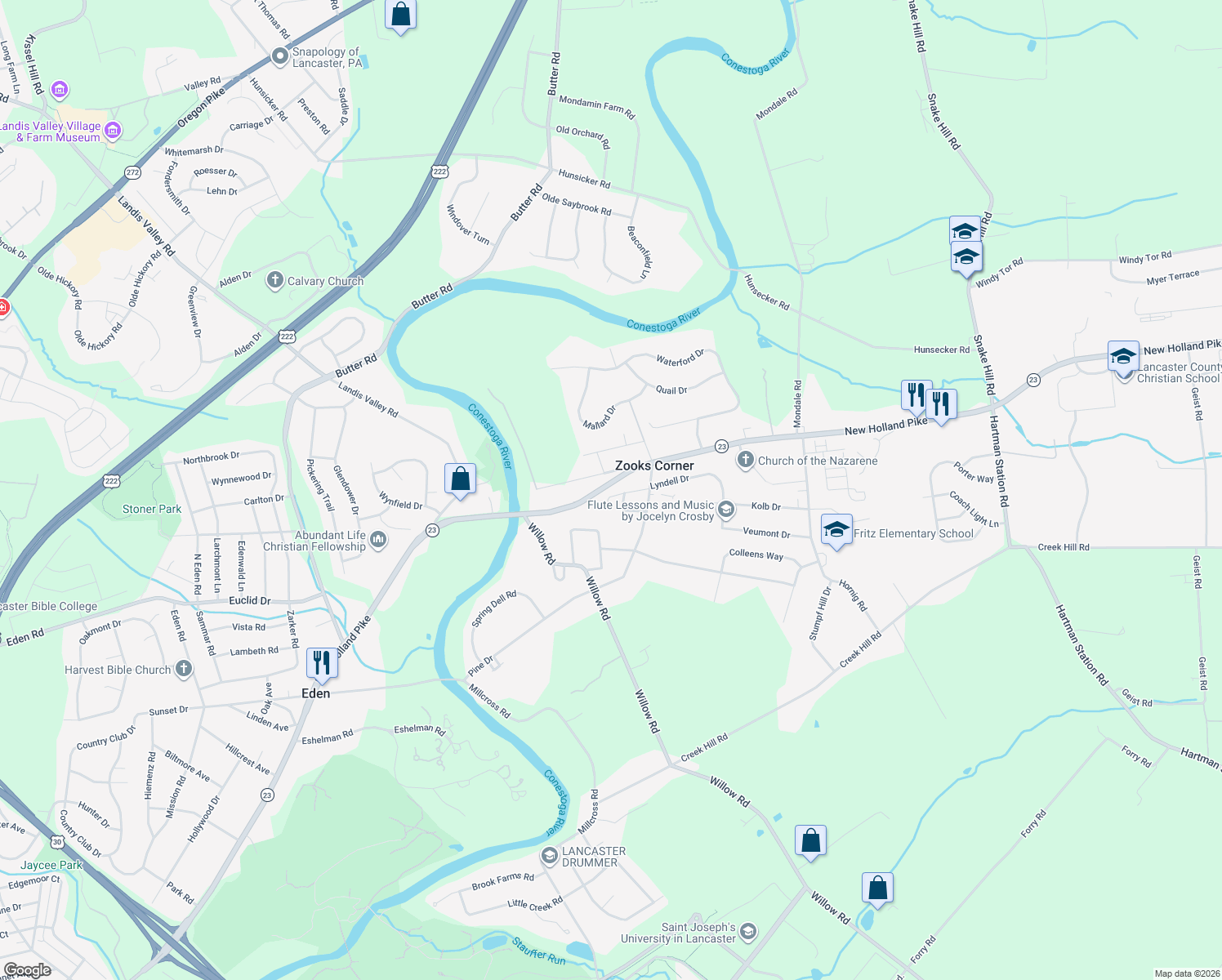map of restaurants, bars, coffee shops, grocery stores, and more near 2058 New Holland Pike in Lancaster
