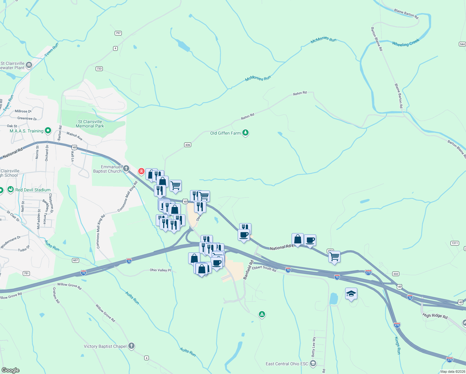 map of restaurants, bars, coffee shops, grocery stores, and more near 51265 Burrwood Drive in St. Clairsville