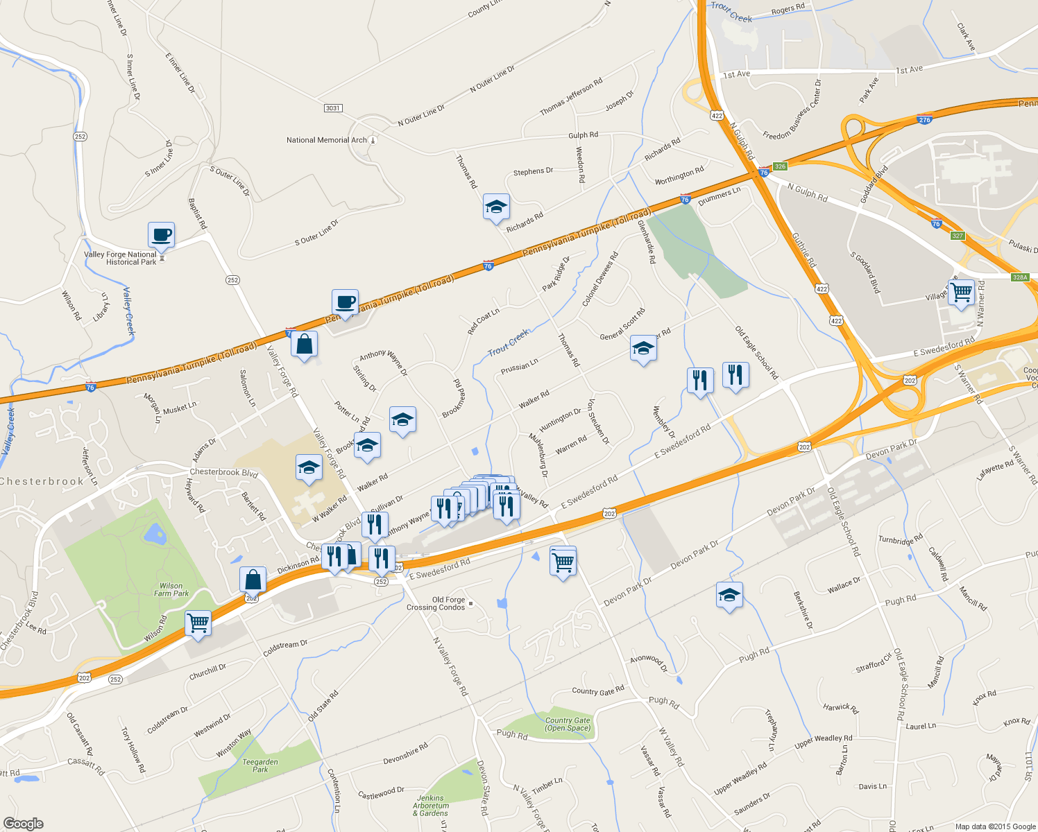 map of restaurants, bars, coffee shops, grocery stores, and more near 1295 West Valley Road in Wayne