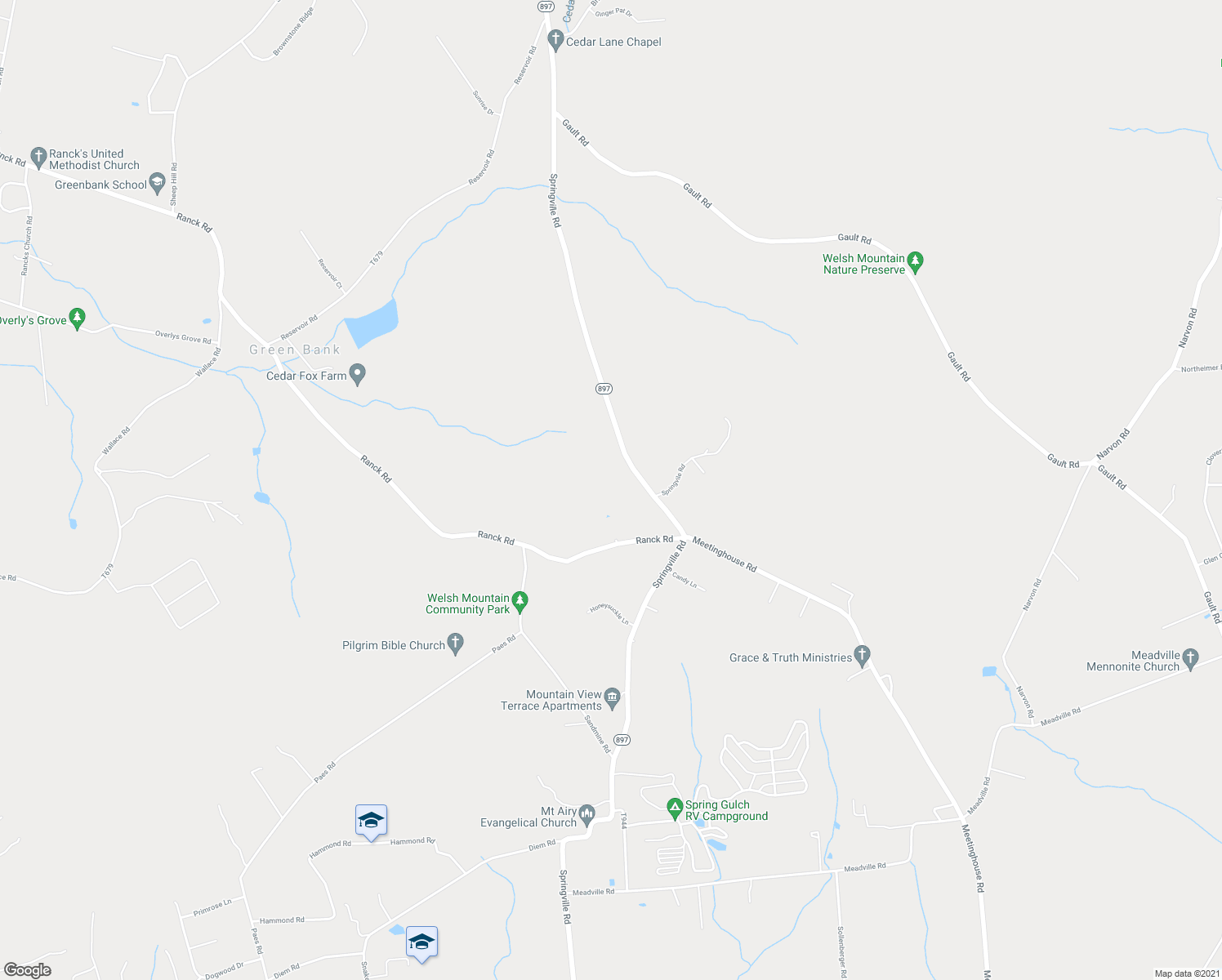map of restaurants, bars, coffee shops, grocery stores, and more near 1622 Springville Road in New Holland