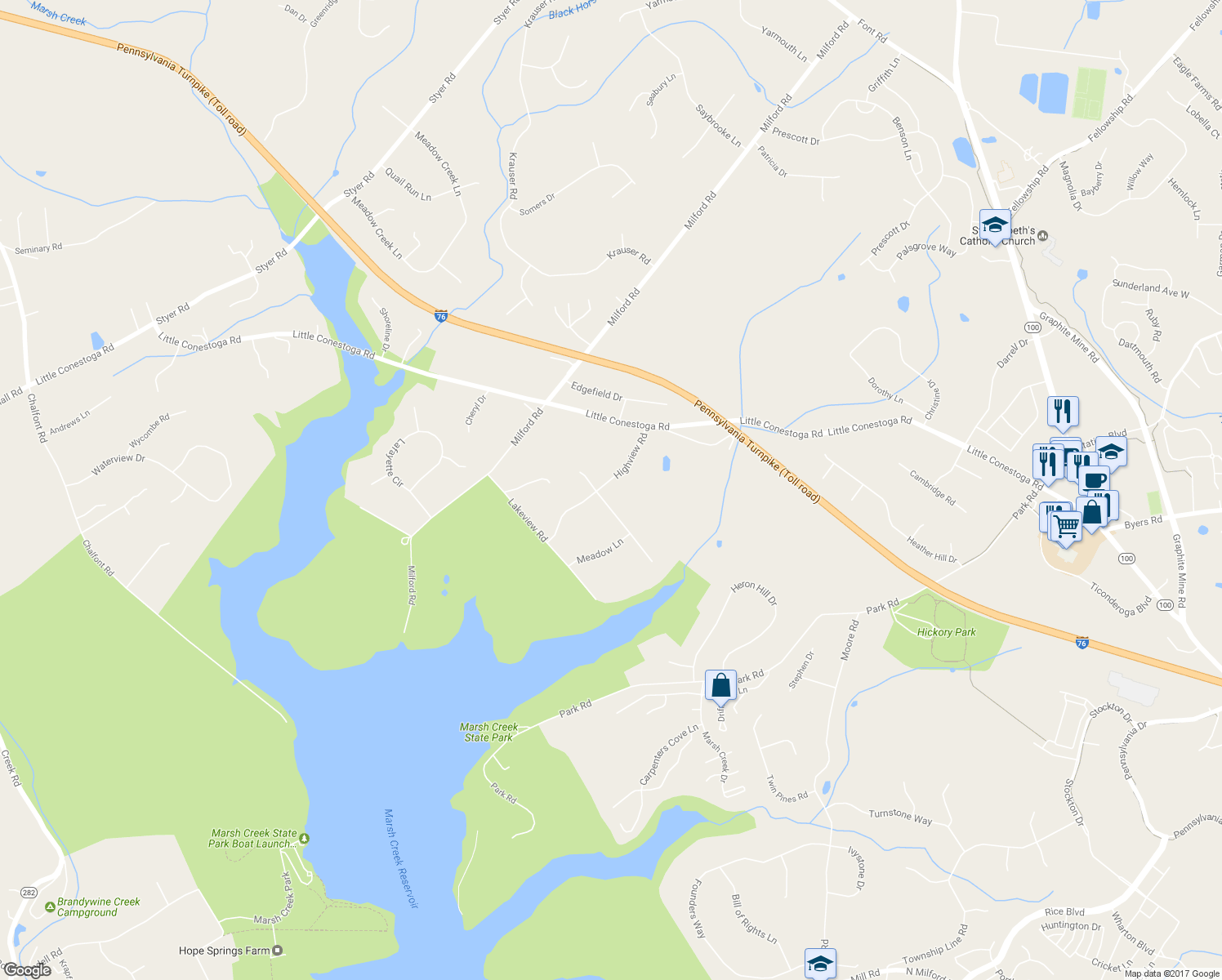 map of restaurants, bars, coffee shops, grocery stores, and more near 7 Waterview Road in Downingtown