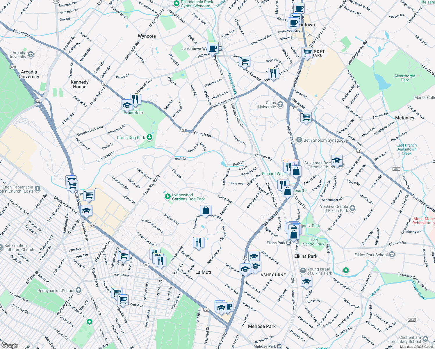 map of restaurants, bars, coffee shops, grocery stores, and more near 7932 Hidden Lane in Elkins Park