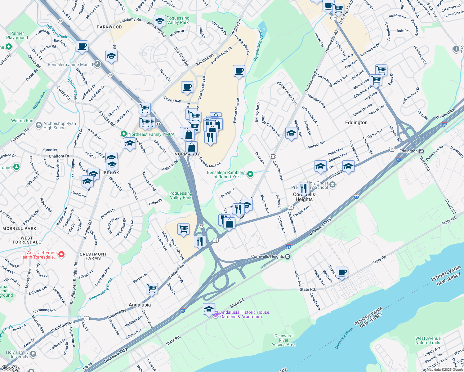map of restaurants, bars, coffee shops, grocery stores, and more near 1218 Kings Avenue in Bensalem