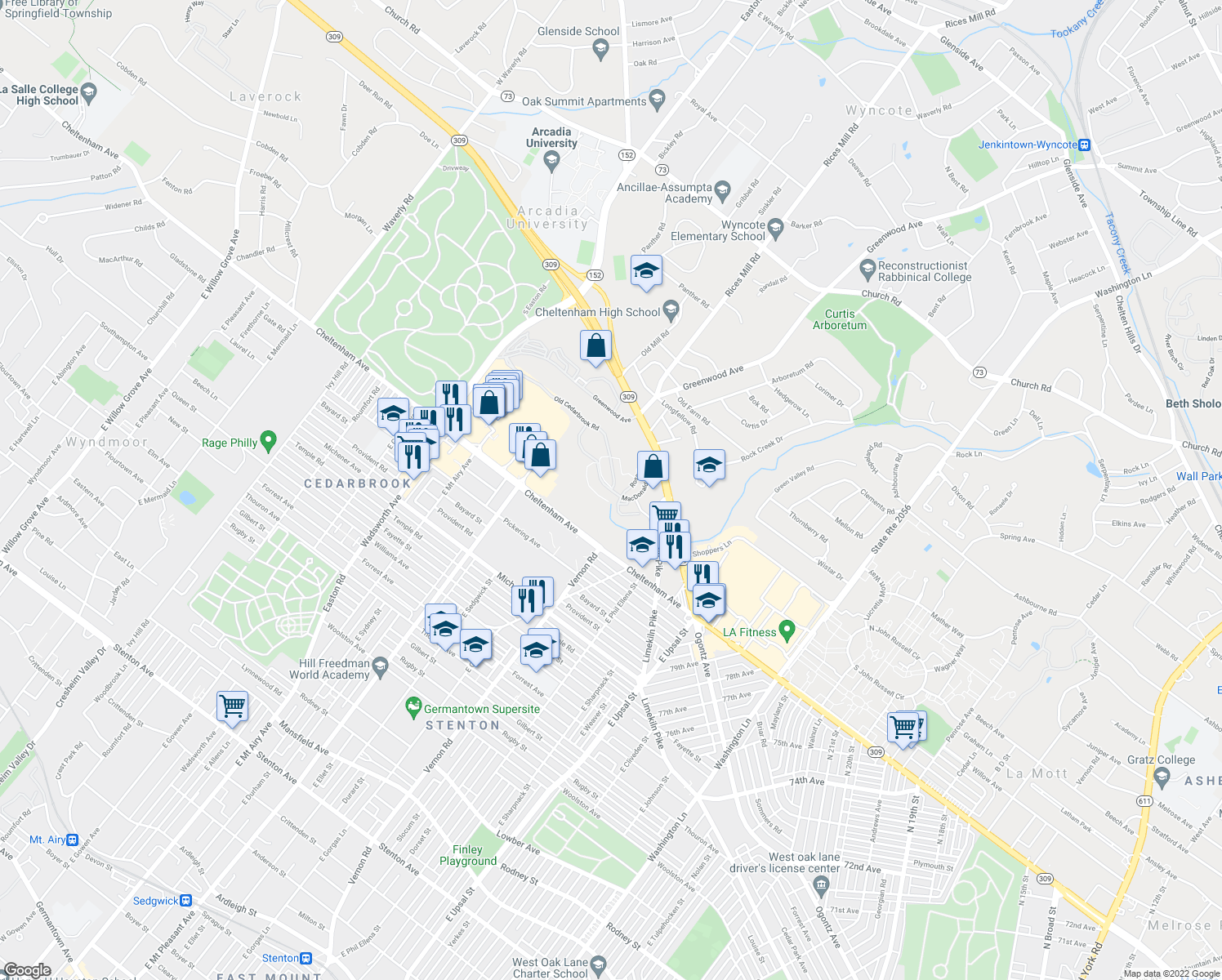 map of restaurants, bars, coffee shops, grocery stores, and more near 286 MacDonald Avenue in Wyncote