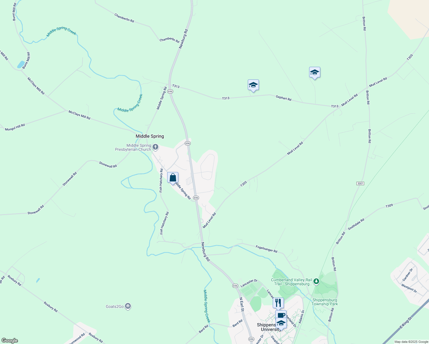 map of restaurants, bars, coffee shops, grocery stores, and more near 55 Diller Drive in Shippensburg